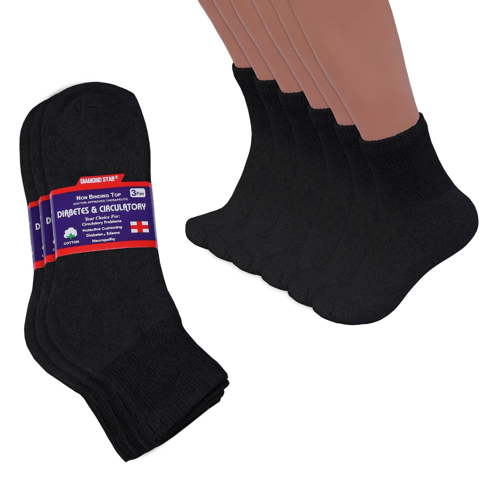 Diamond Star diabetic ankle socks black pack shown for everyday comfort with non-binding fit