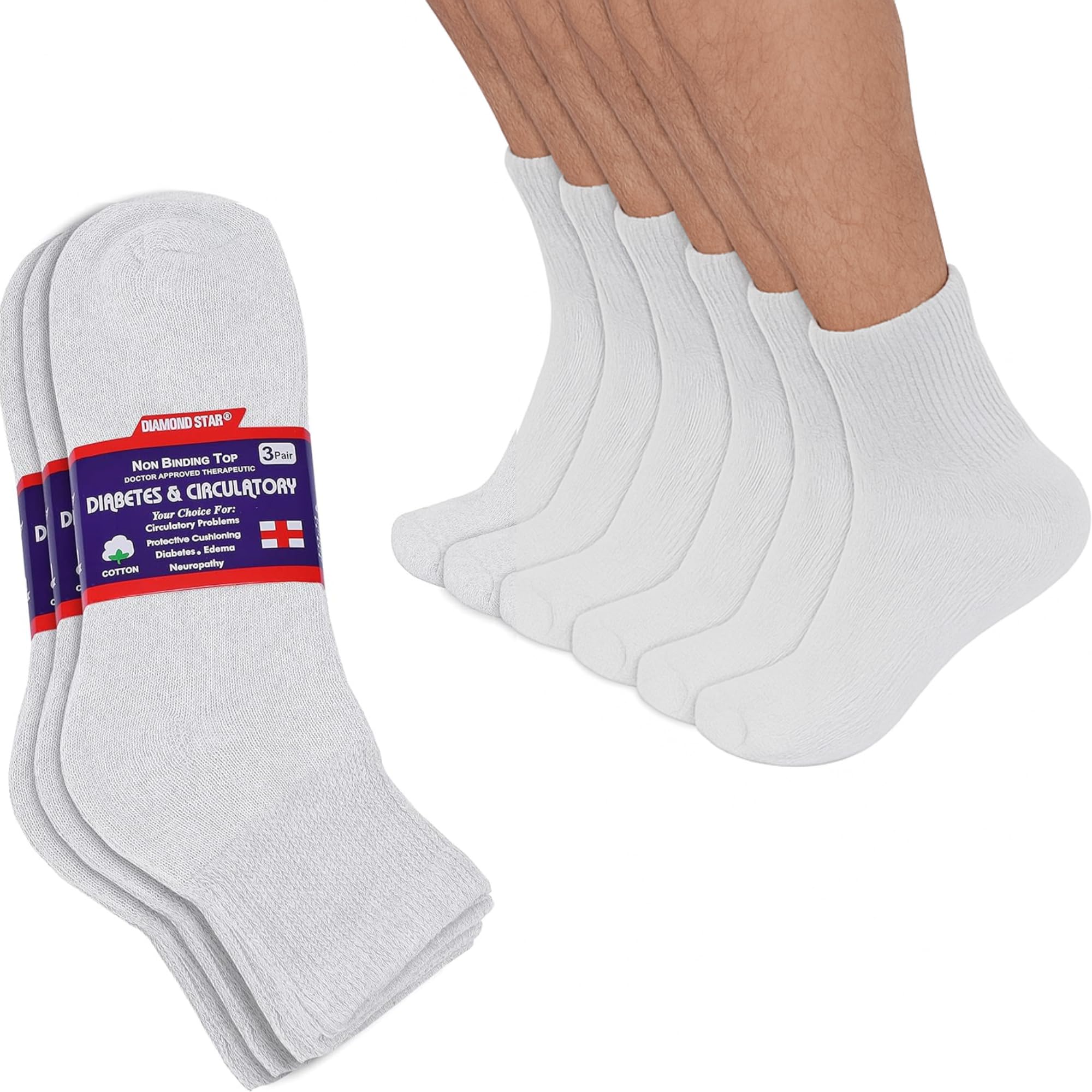 Diamond Star diabetic ankle sock in white with non-binding cuff for gentle wear
