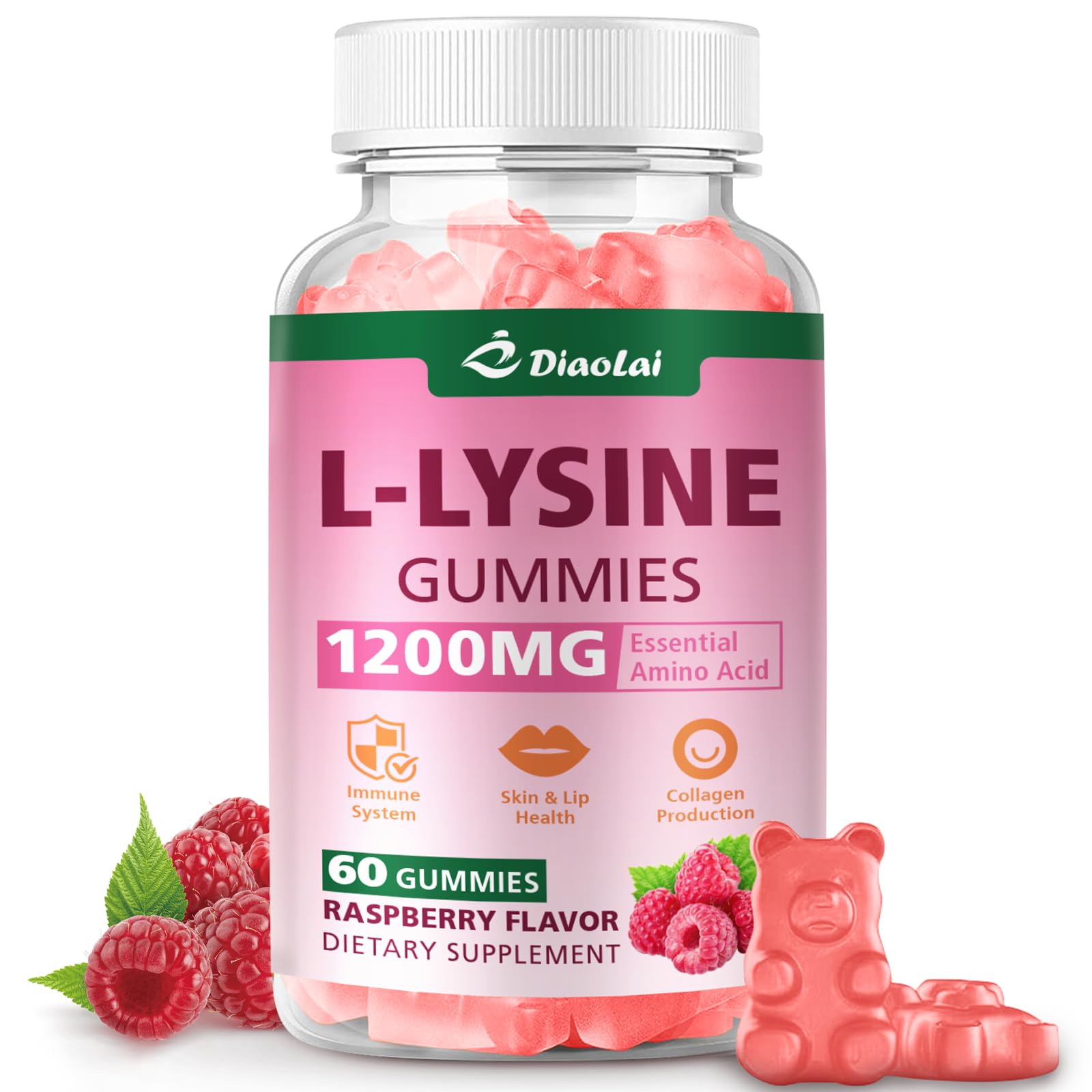DIAOLAI L-Lysine gummies bottle front with emphasis on immune support and daily use