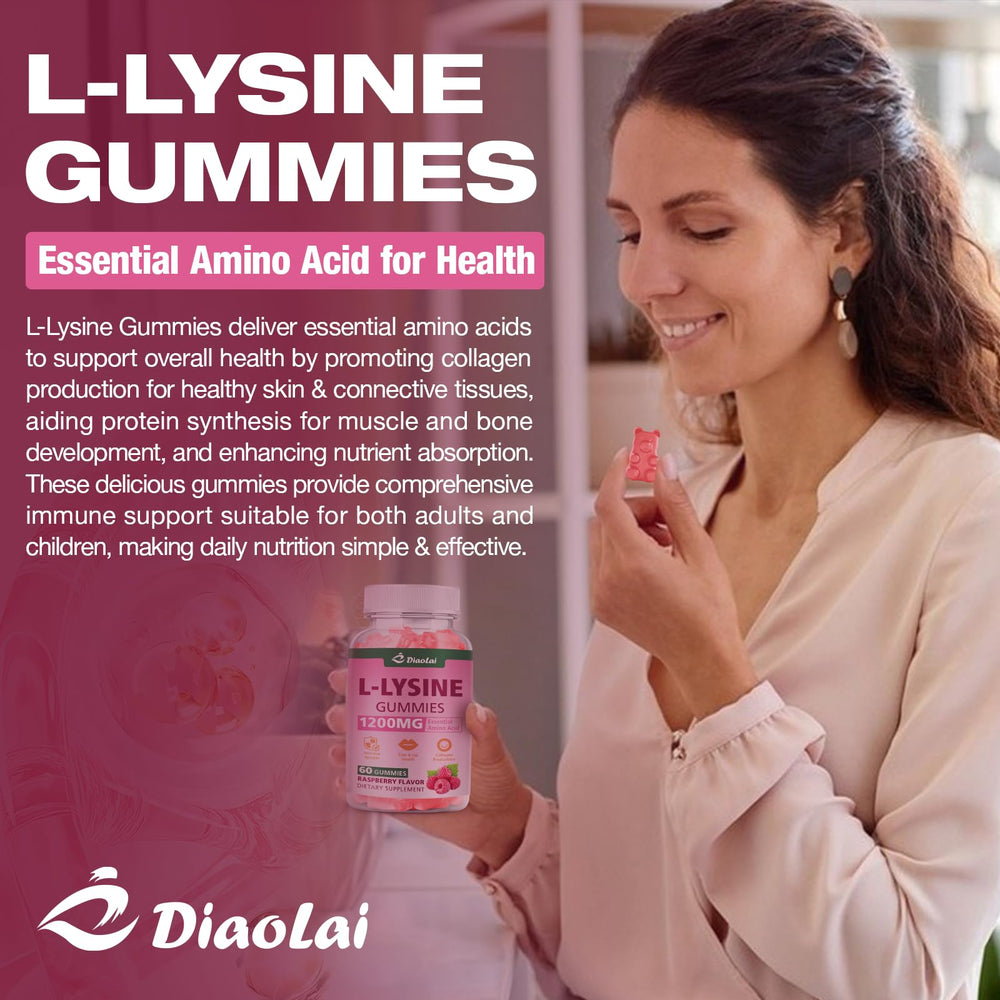 DIAOLAI L-Lysine gummies bottle back label conveying GMP and quality checks