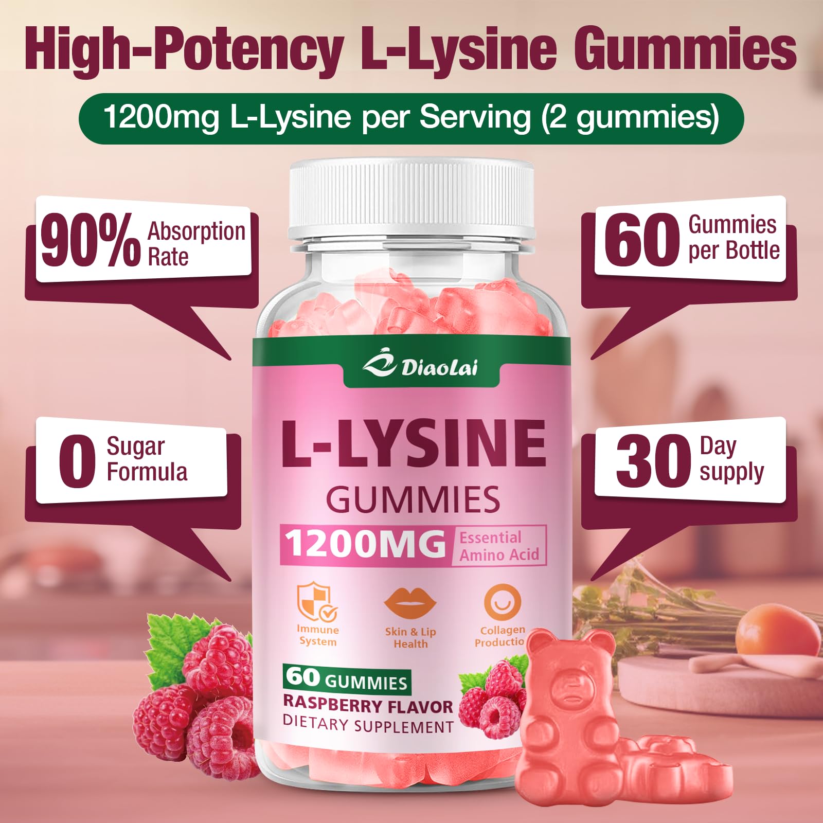 DIAOLAI L-Lysine gummies display 60 count bottle for monthly supply