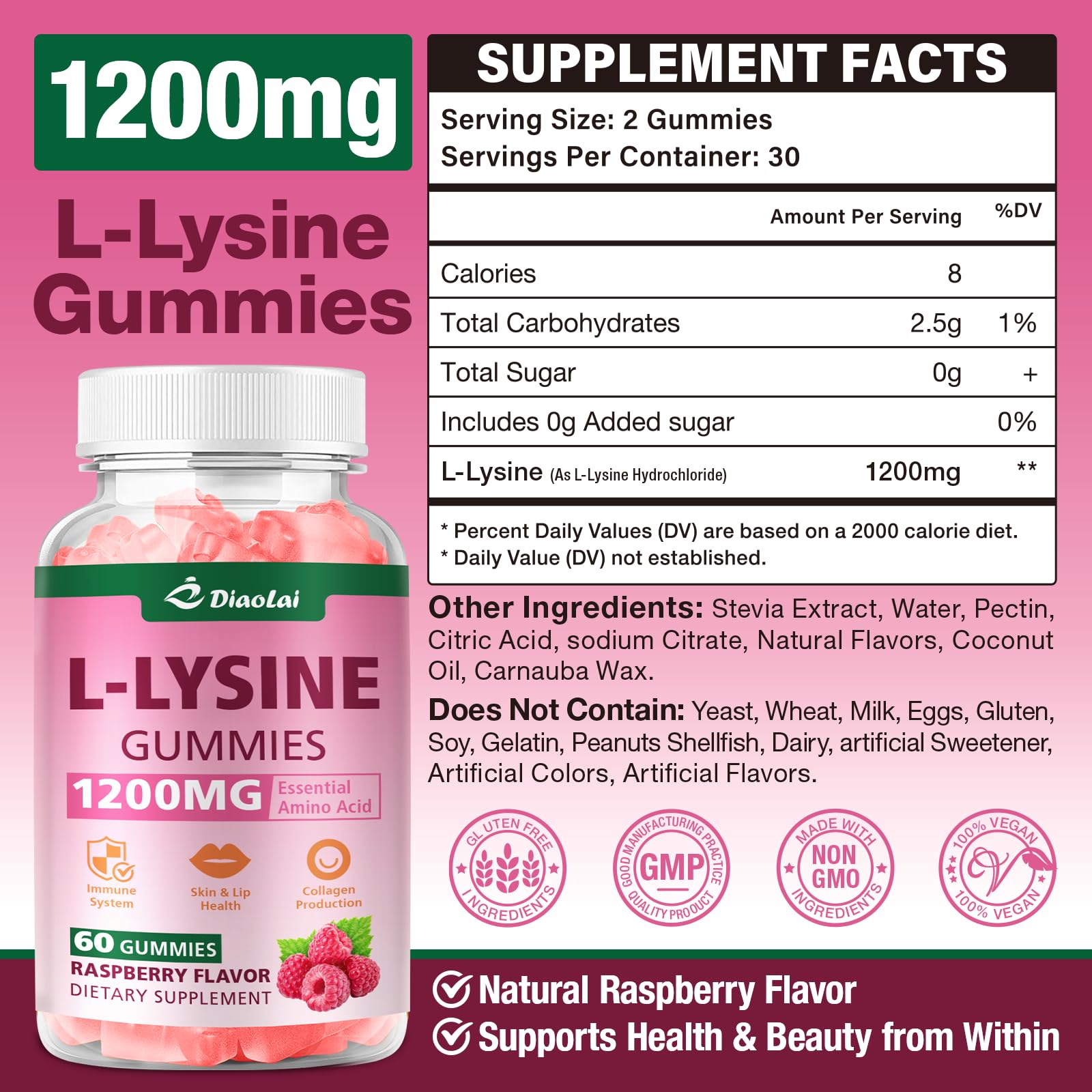 DIAOLAI L-Lysine gummies raspberry close-up highlighting flavor and appeal