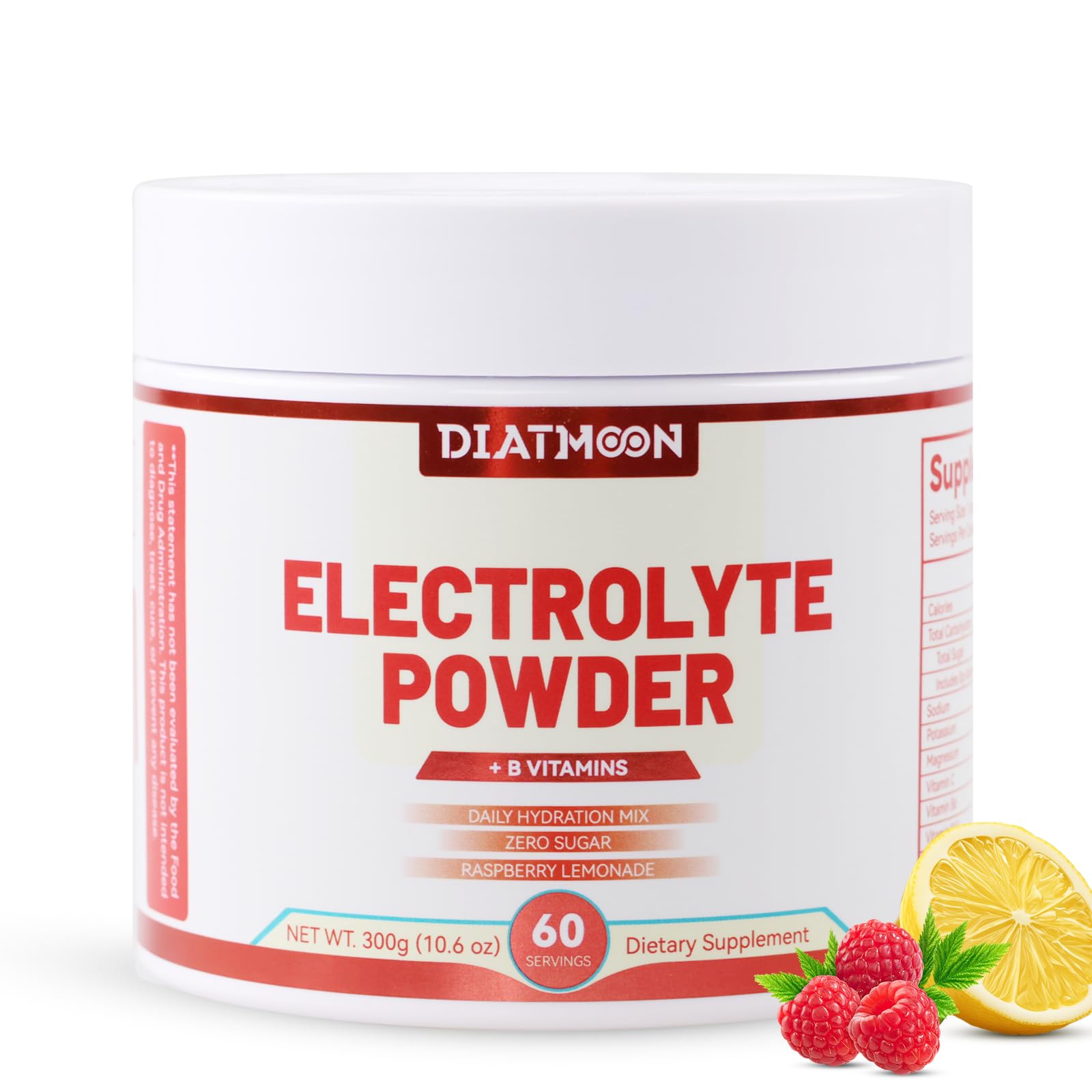 DIATMOON Raspberry Lemonade electrolytes powder in a shaker for refreshing hydration during workouts.