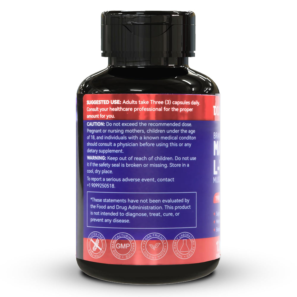 Diatmoon Magnesium L-Threonine capsules label highlighting gluten-free and non-GMO formula