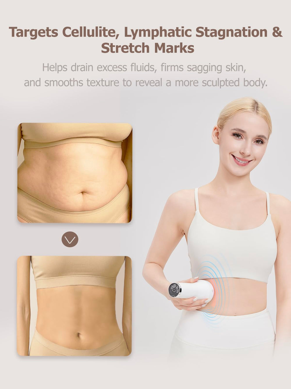 DiDEER massager showing microcurrent, light, heat, and vibration for cellulite care