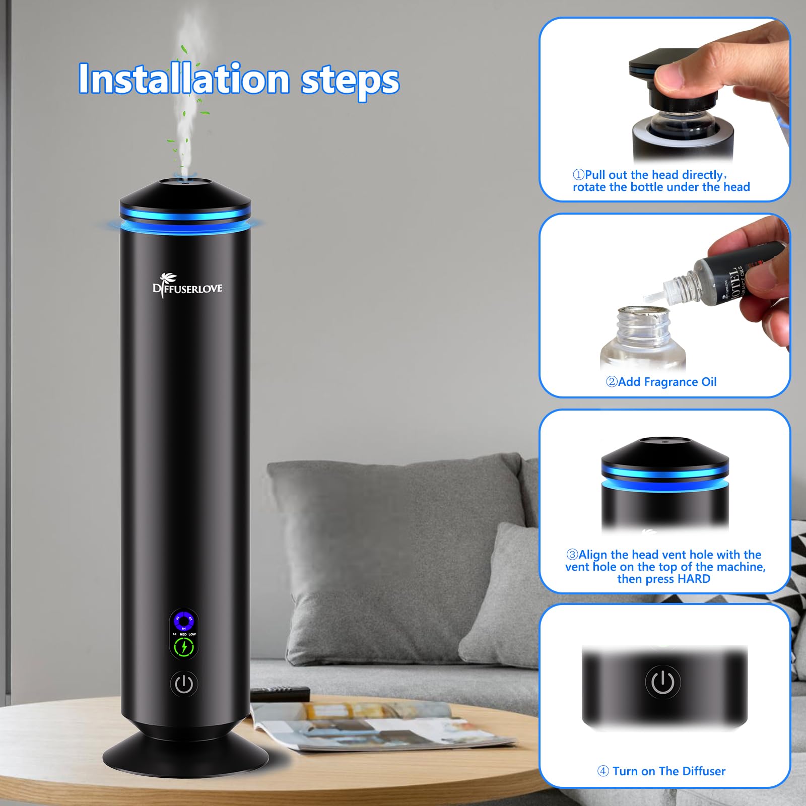 Diffuserlove remote control interface for easy scent, timer, and intensity adjustments