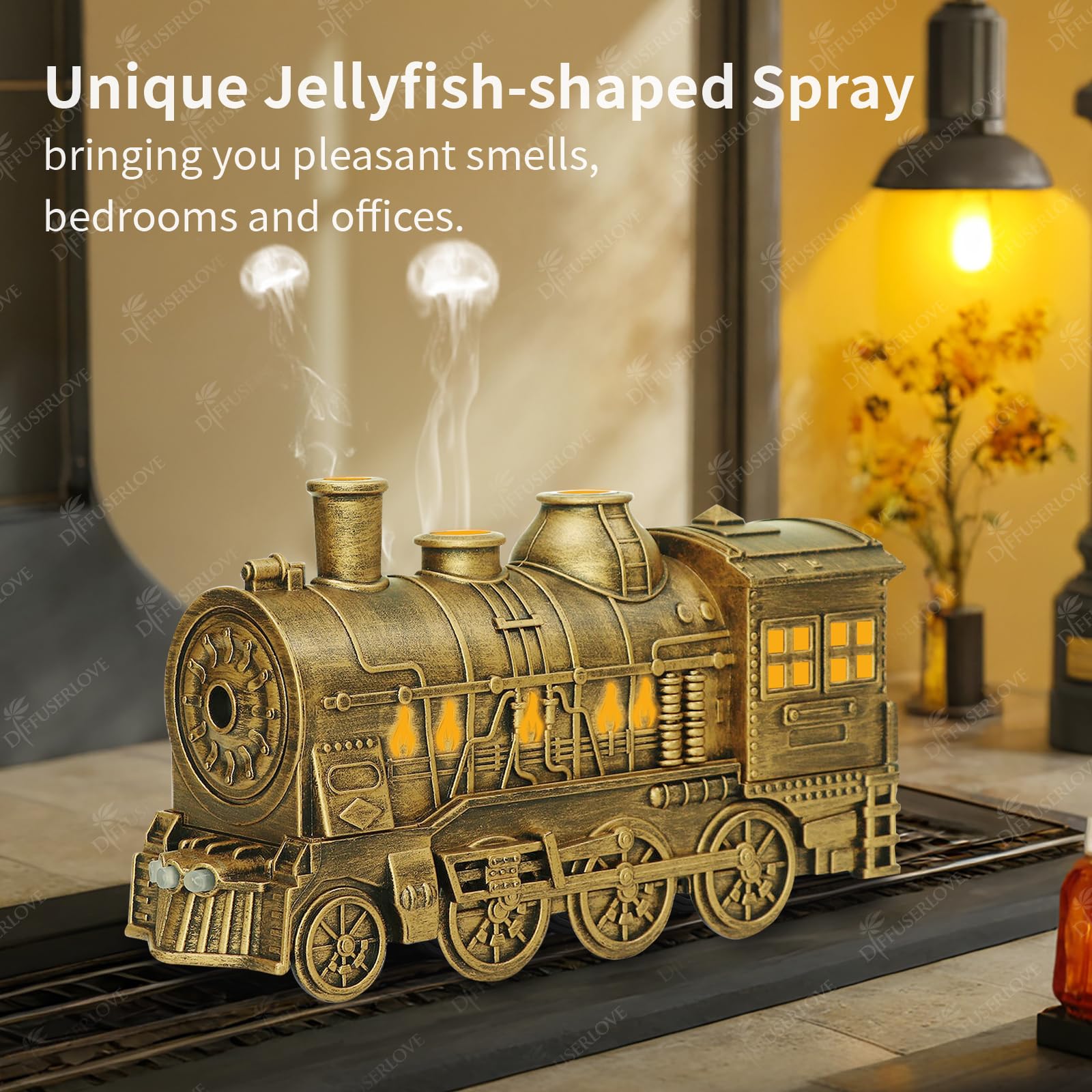 Diffuserlove train diffuser side view on a desk for calming aromatherapy.