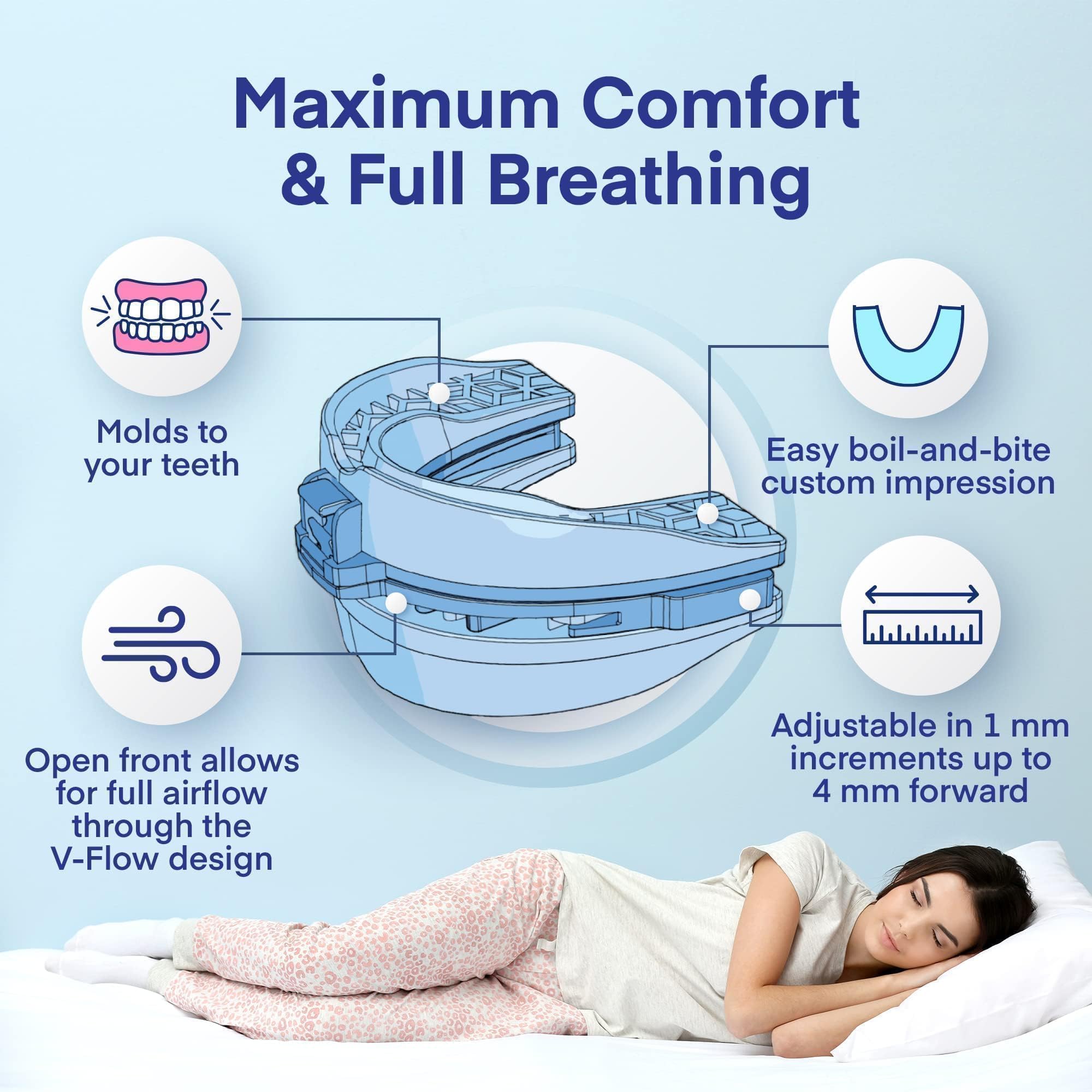 Difiney anti-snoring-device in-use across sleep positions stays in place