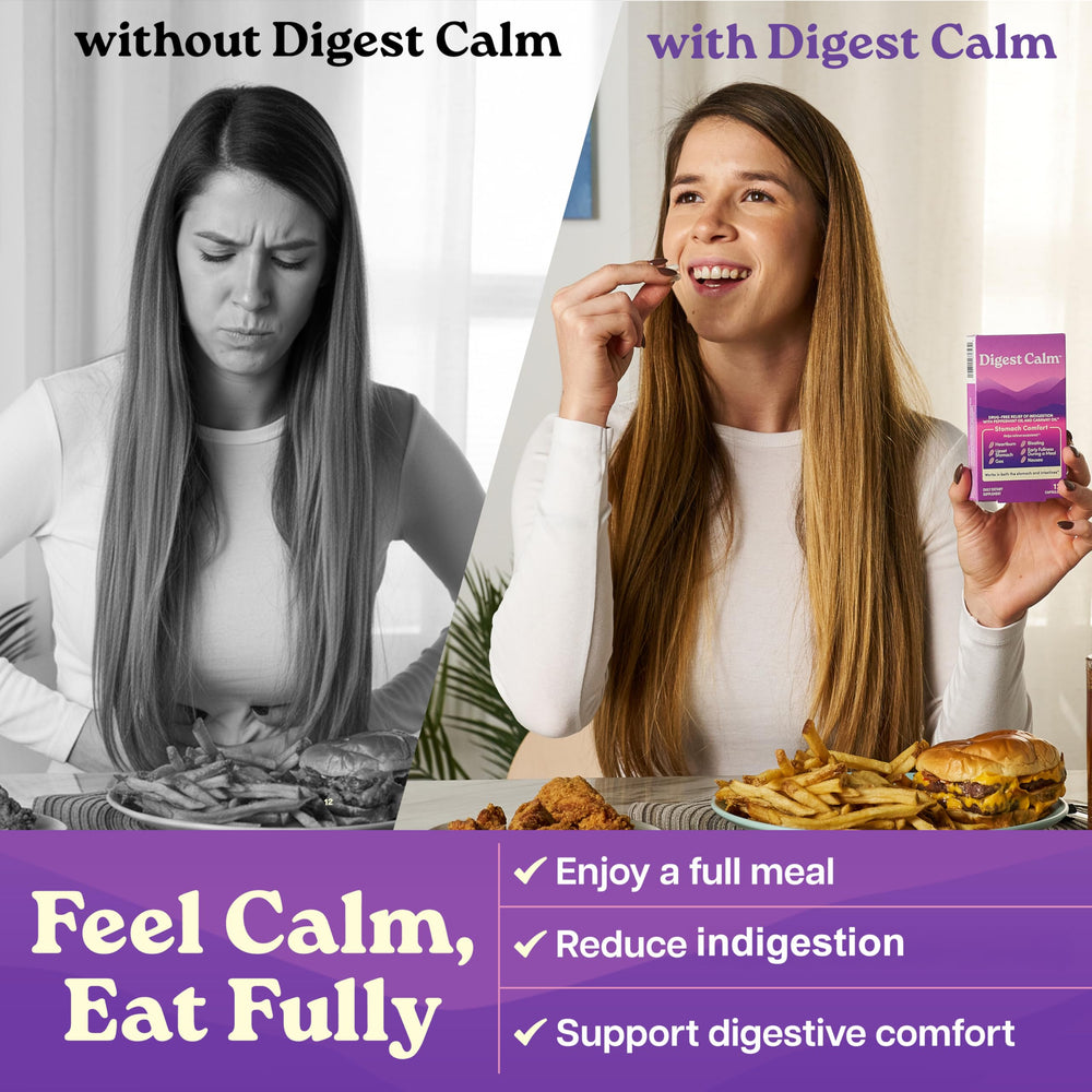 Digest Calm bottle back shows peppermint and caraway ingredients for natural flavor and digestive support
