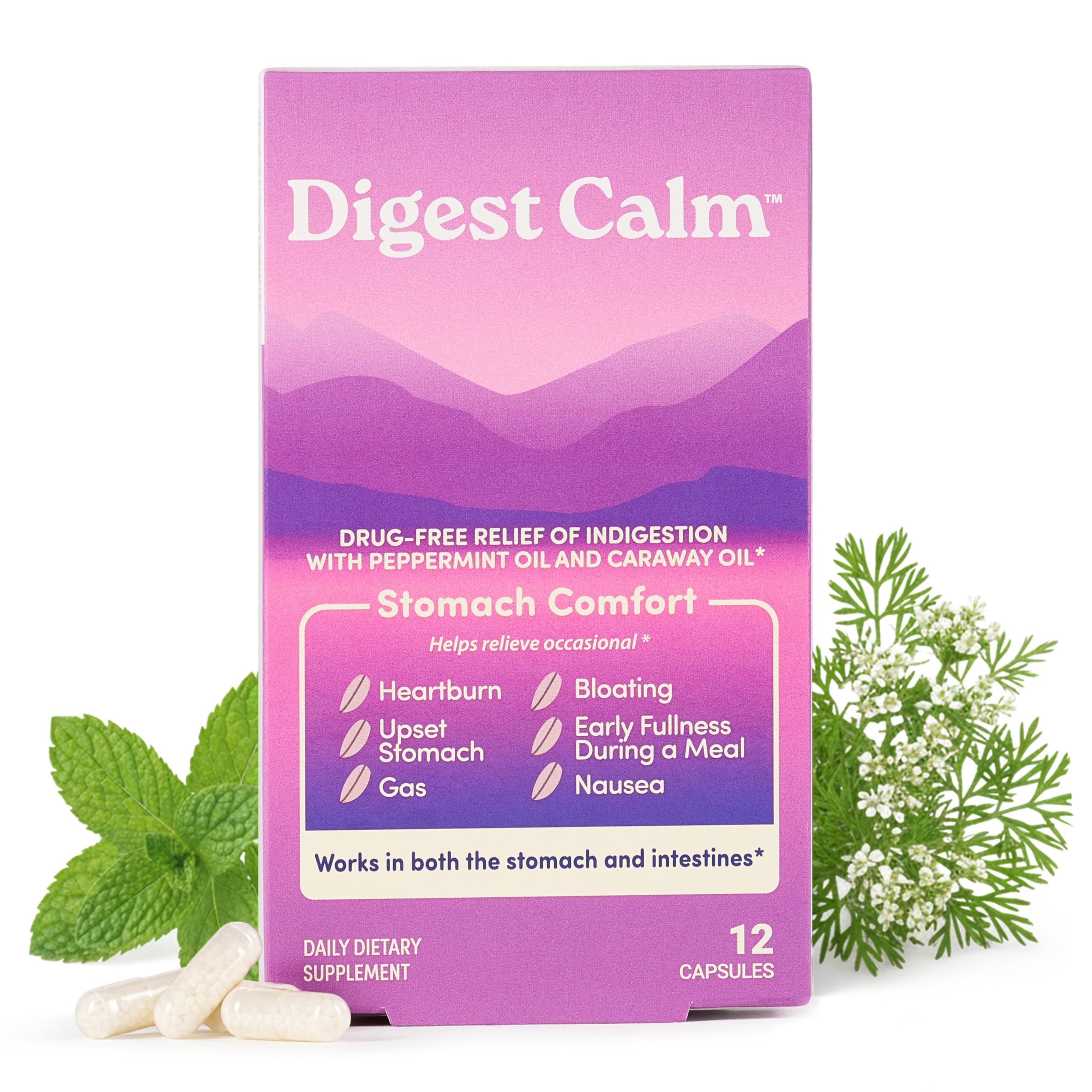 Digest Calm bottle front with capsules for pre meal support and occasional indigestion relief