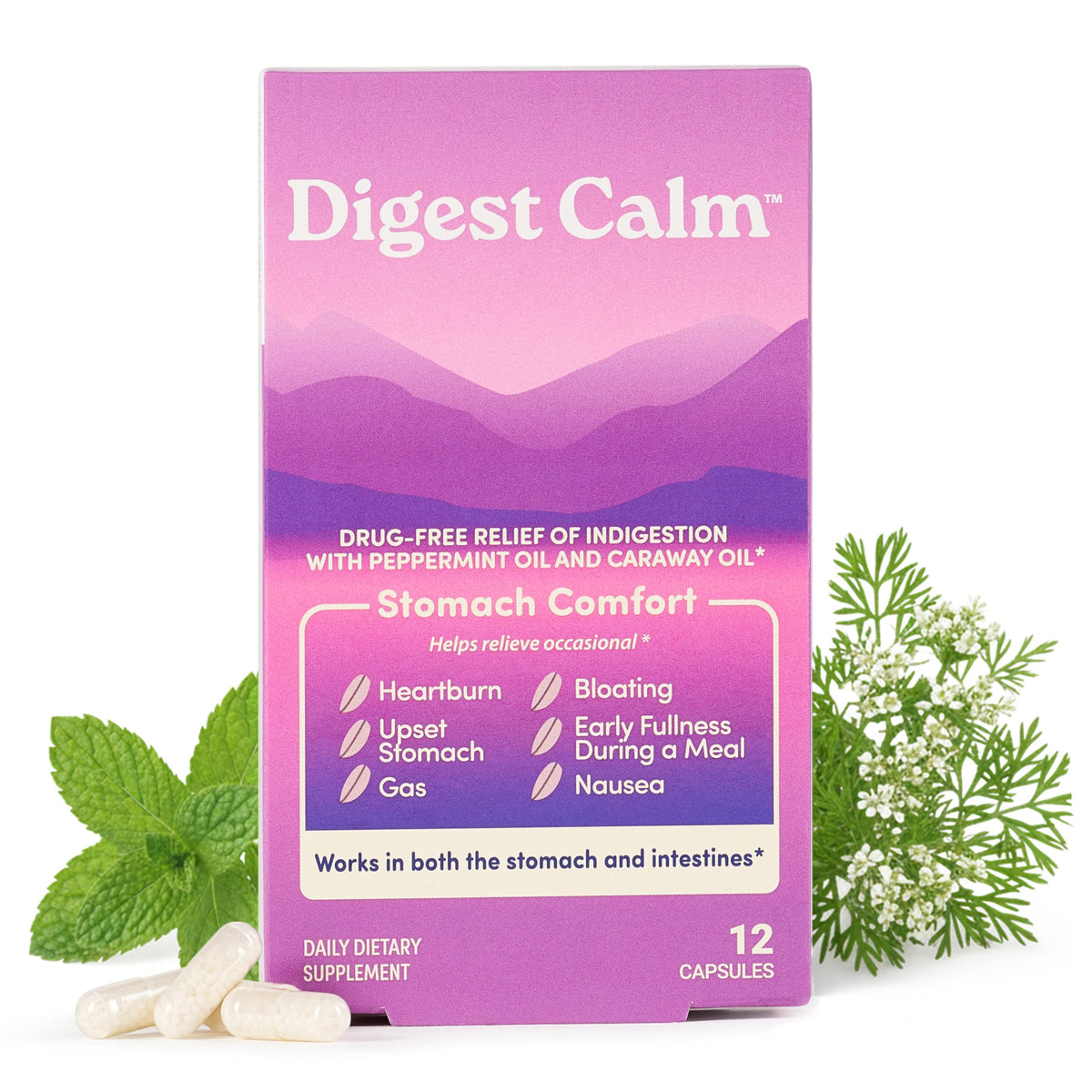 Digest Calm bottle front with capsules for pre meal support and occasional indigestion relief