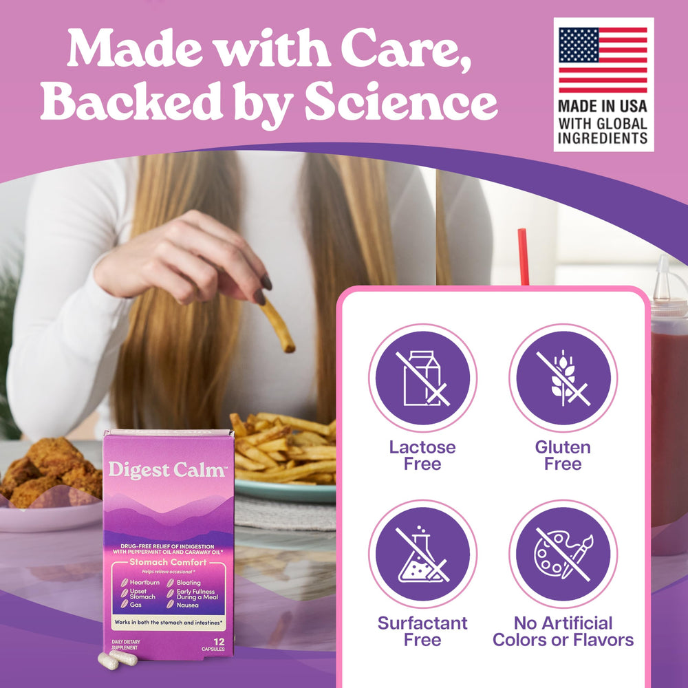 Digest Calm pre-meal-use demonstrates taking capsules before meals for calmer digestion