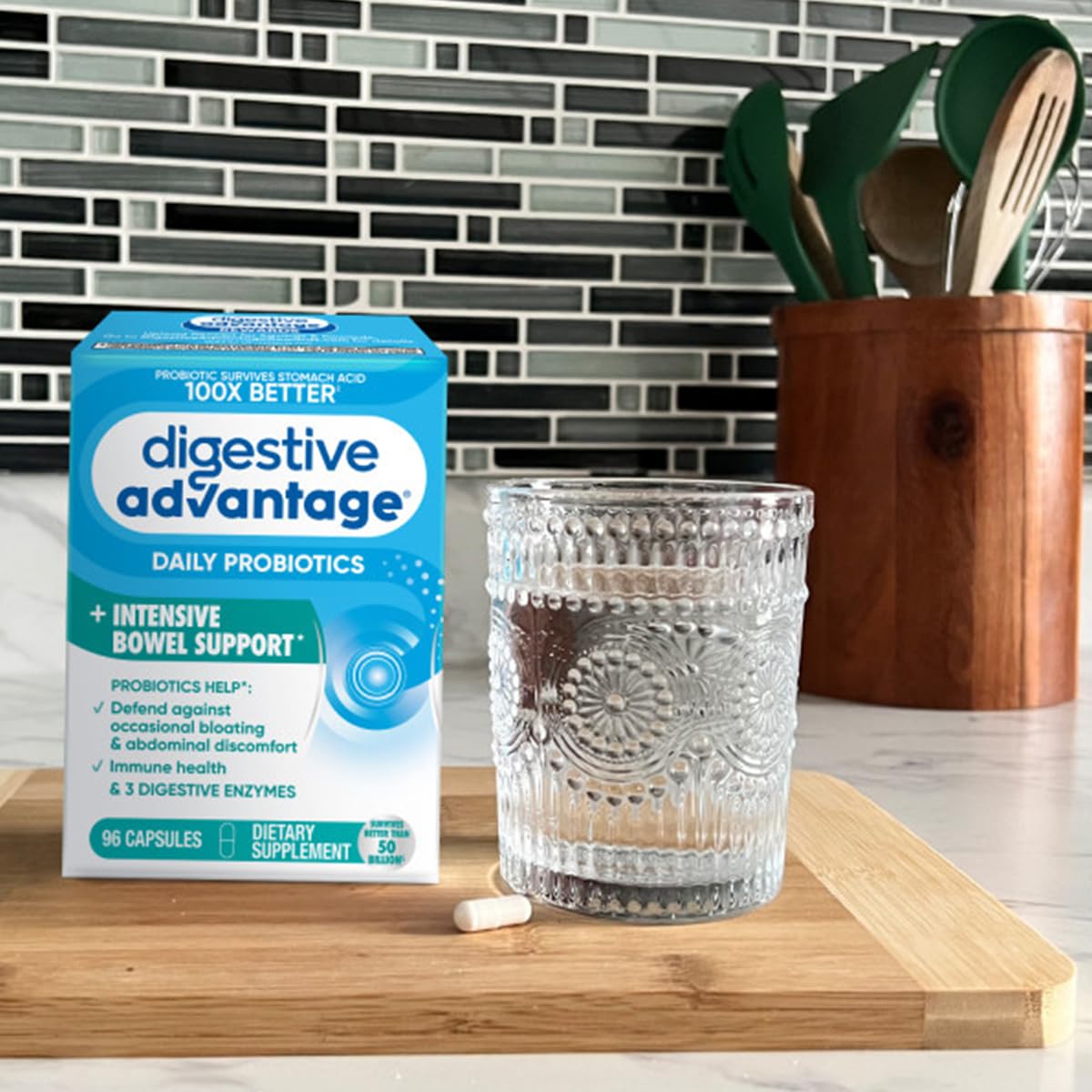 Digestive Advantage capsules on white background ready for daily use