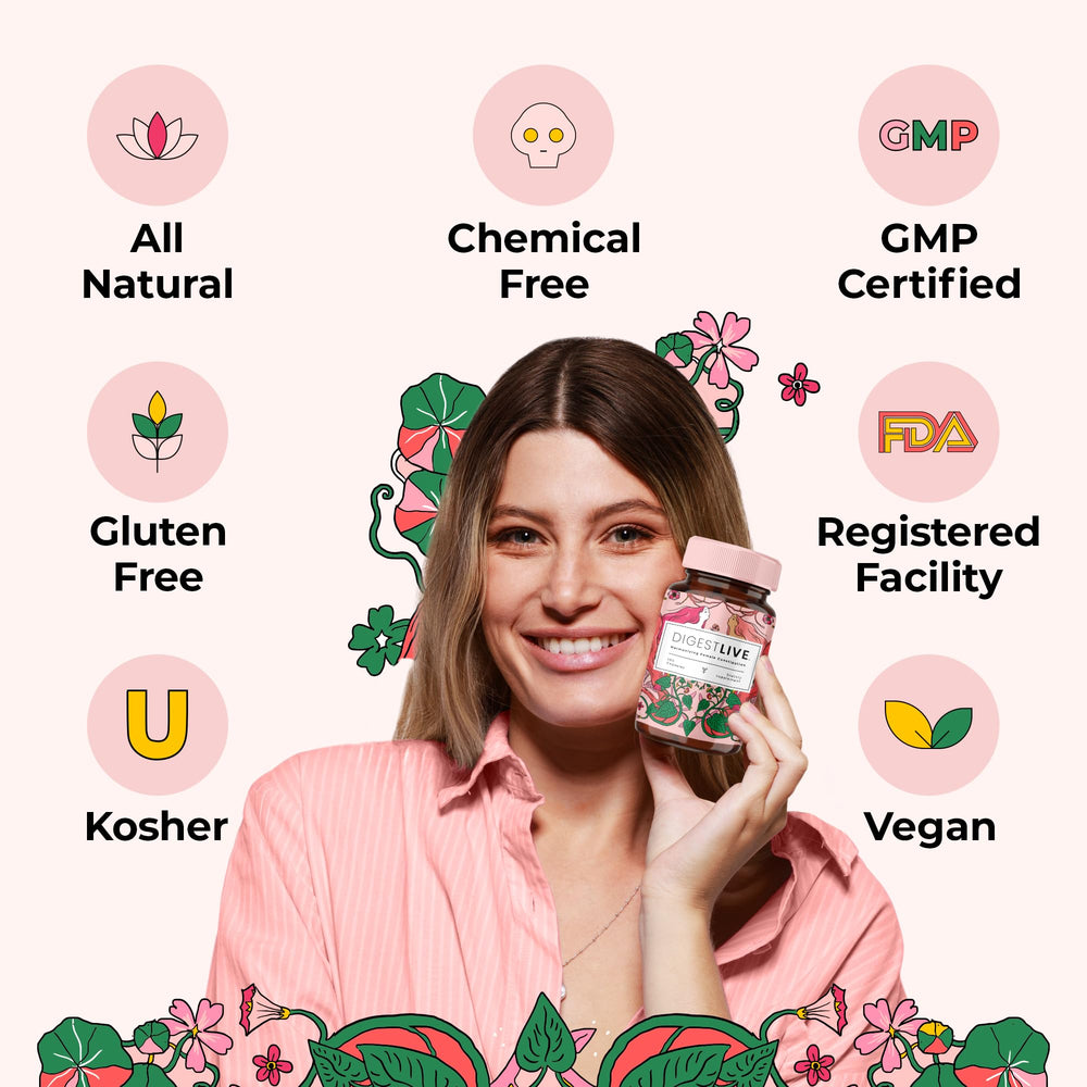 DigestLive label front packaging emphasizes vegan and gluten-free qualities.