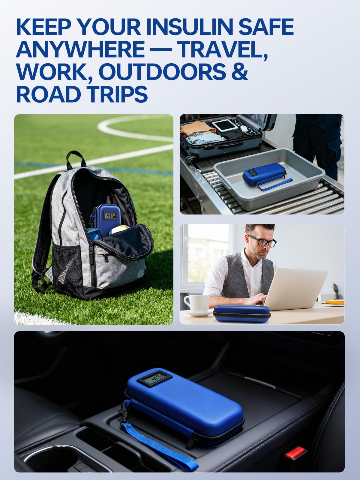 DIGOAKO insulin cooler in backpack illustrates portable daily use.