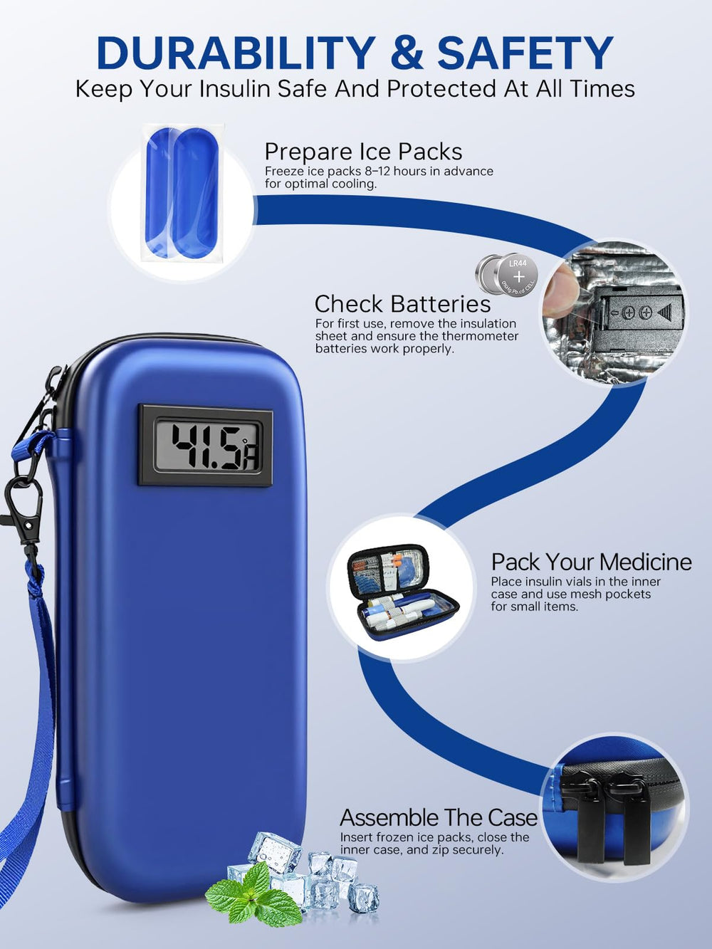 DIGOAKO insulin cooler freeze instructions explain simple ice pack reuse.