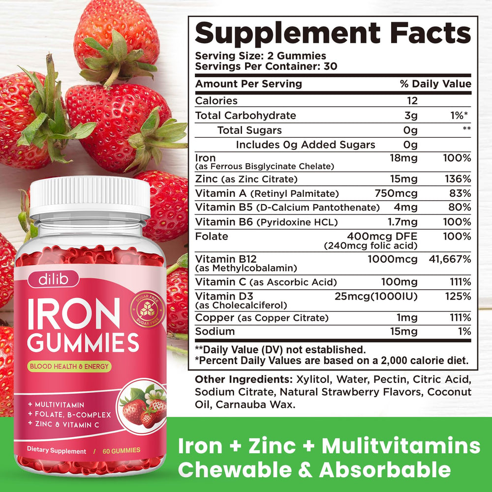 Dilib iron gummies close-up showing vibrant strawberry flavor for daily energy