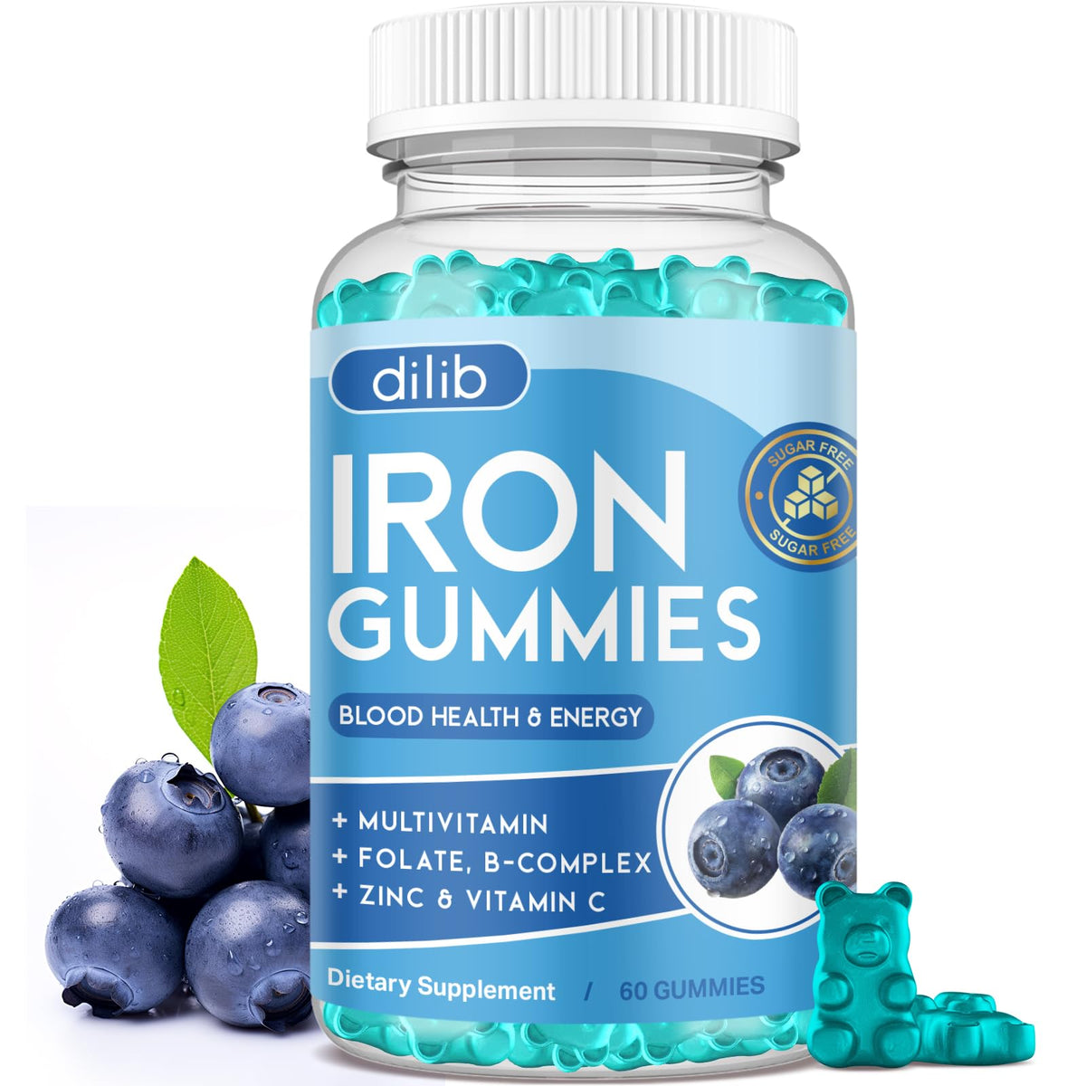 Dilib Iron Gummies blueberry bottle shows a tasty daily supplement for energy support.