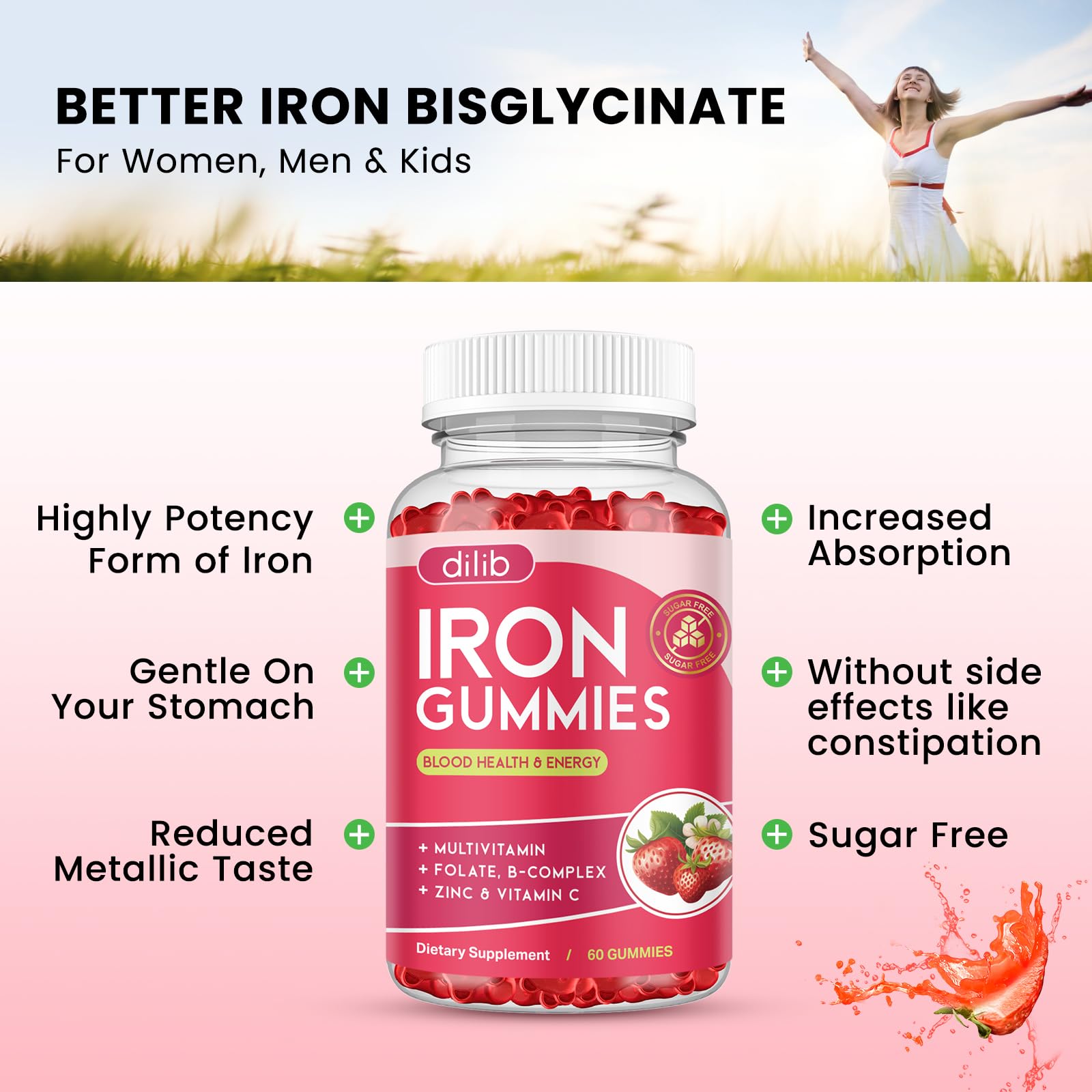 Dilib iron gummies jar label shows zinc and B vitamins for energy and immune support