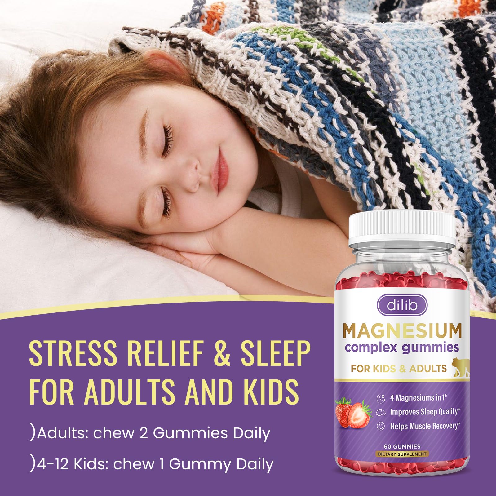 Dilib magnesium complex gummies packaging close-up highlights strawberry flavor and serving guidelines.