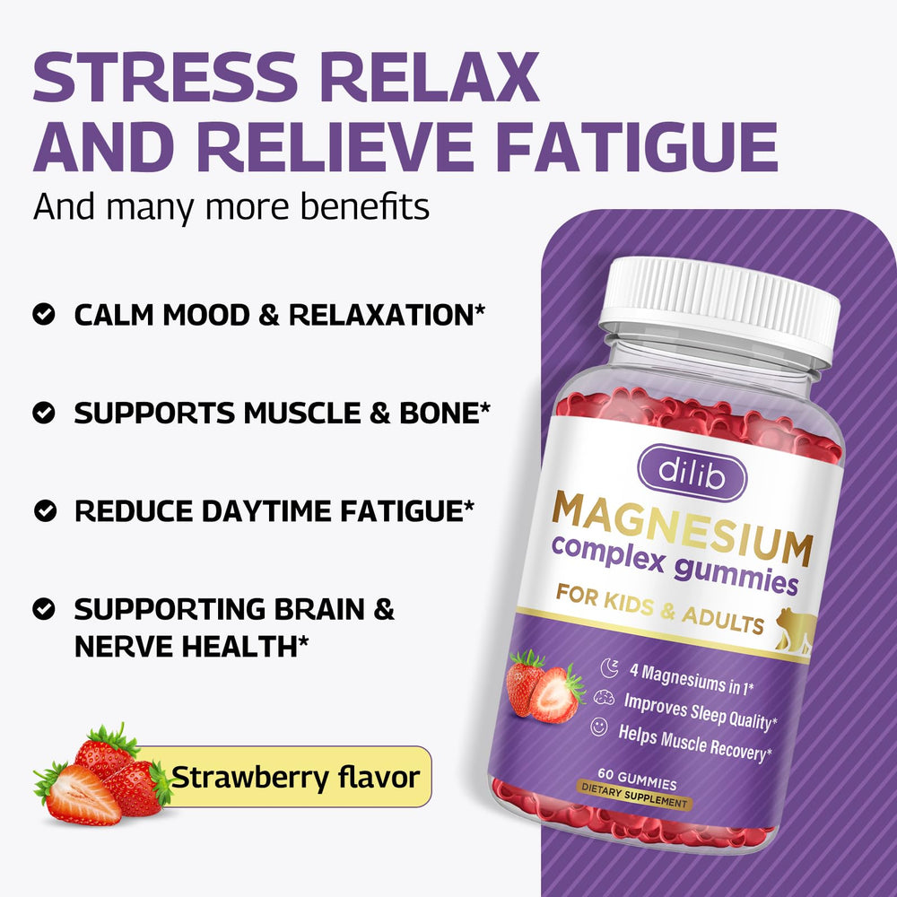 Dilib magnesium complex gummies sleep-support shot shows bottle with a few gummies ready to chew.