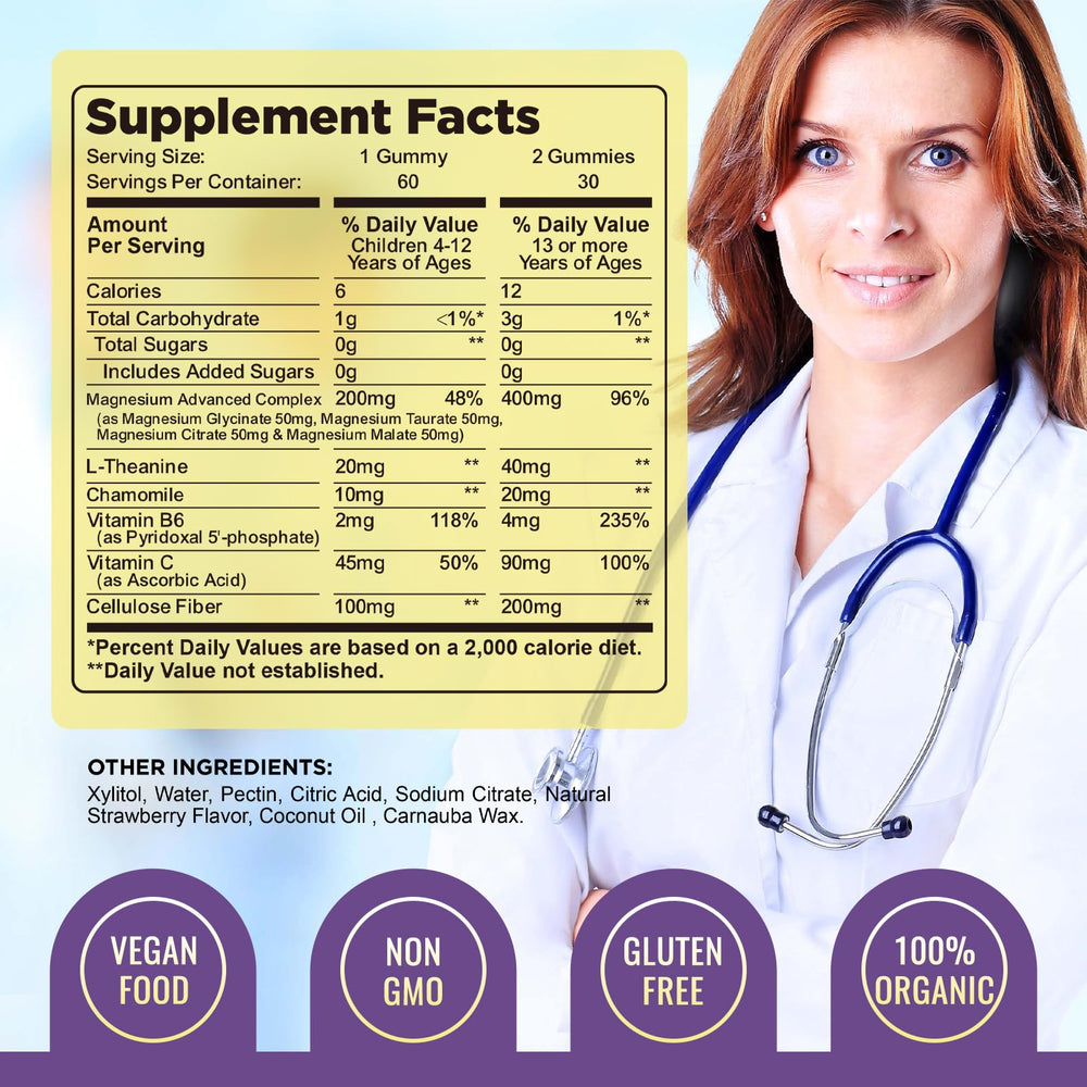 Dilib magnesium complex gummies vegan non-GMO label communicates clean, plant-based nutrition for families.