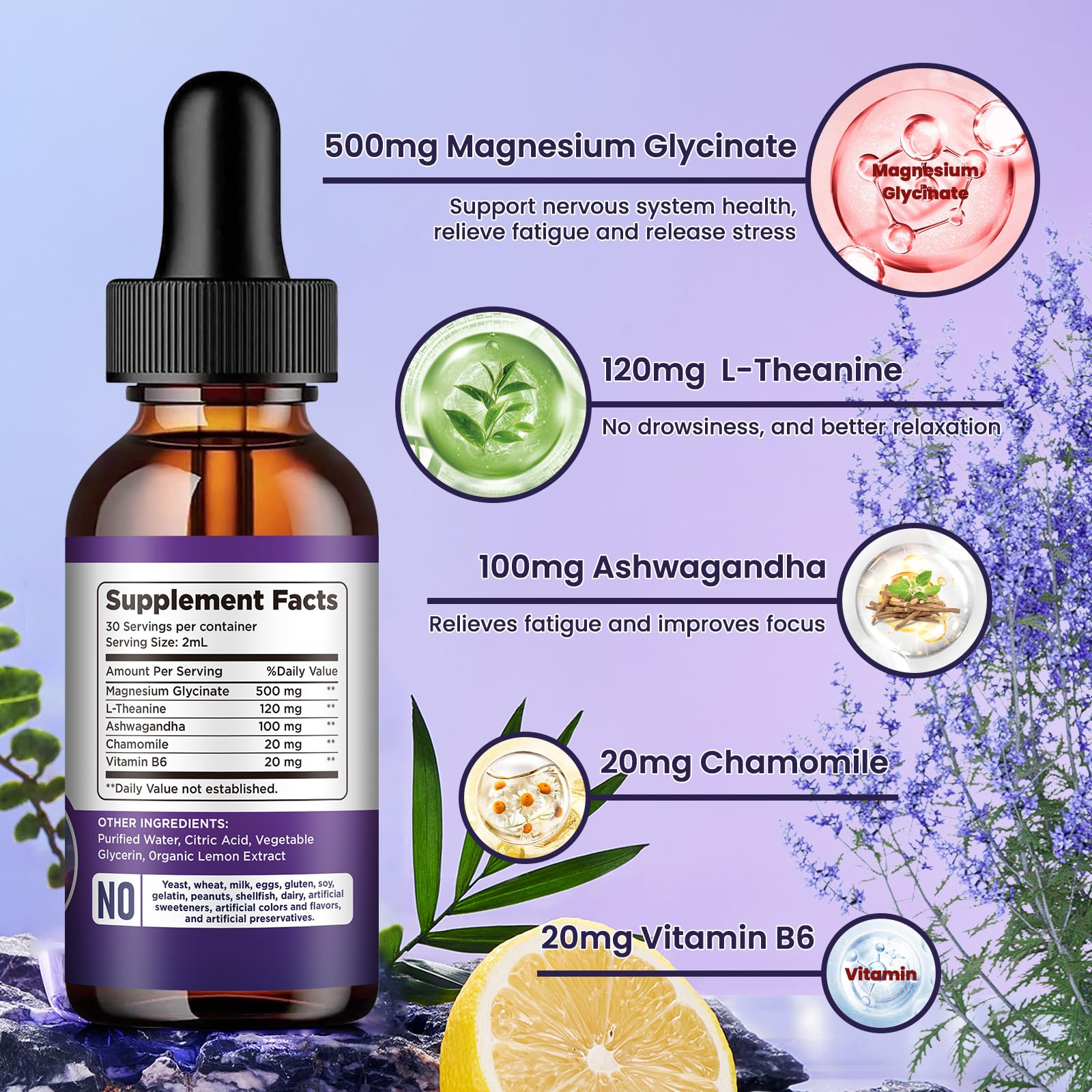 Dilib magnesium glycinate drops lemon flavor close-up emphasizes pleasant tasting supplement.