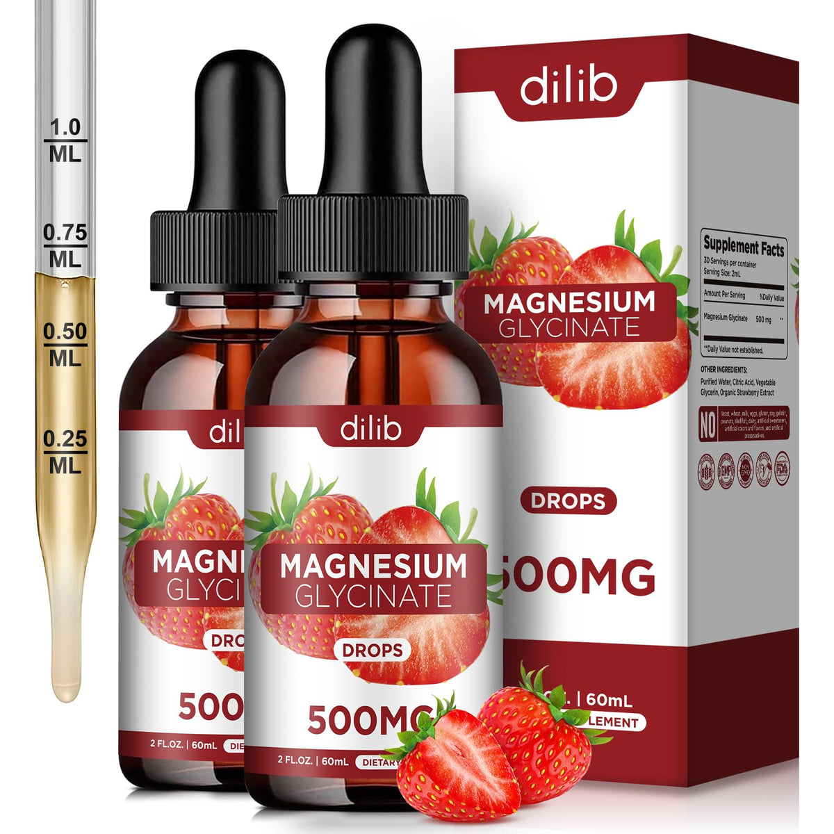 Dilib magnesium glycinate drops bottle front with strawberry flavor for daily calm