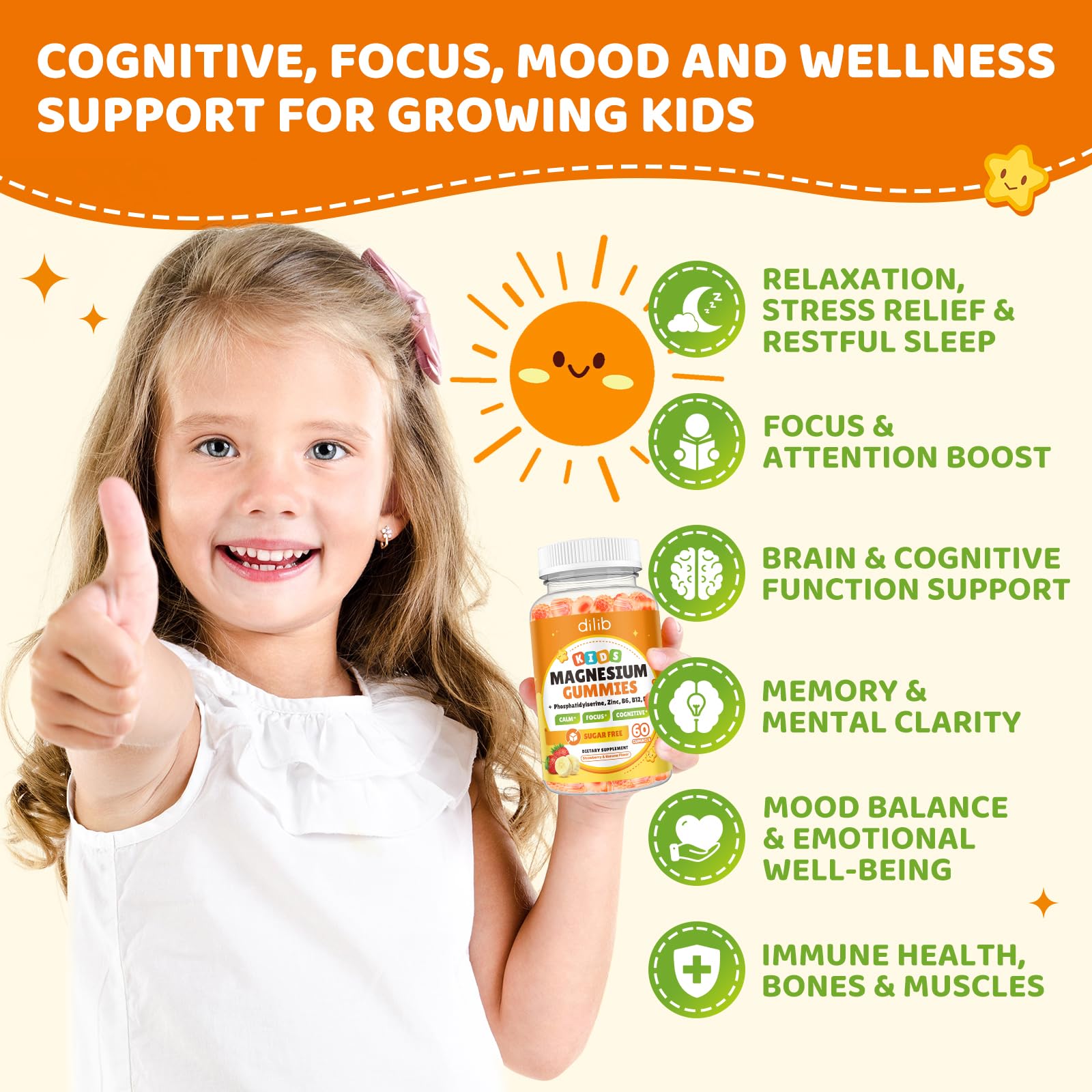 Dilib Magnesium Glycinate Gummies for Kids serving spoon closeup suggests easy daily use.