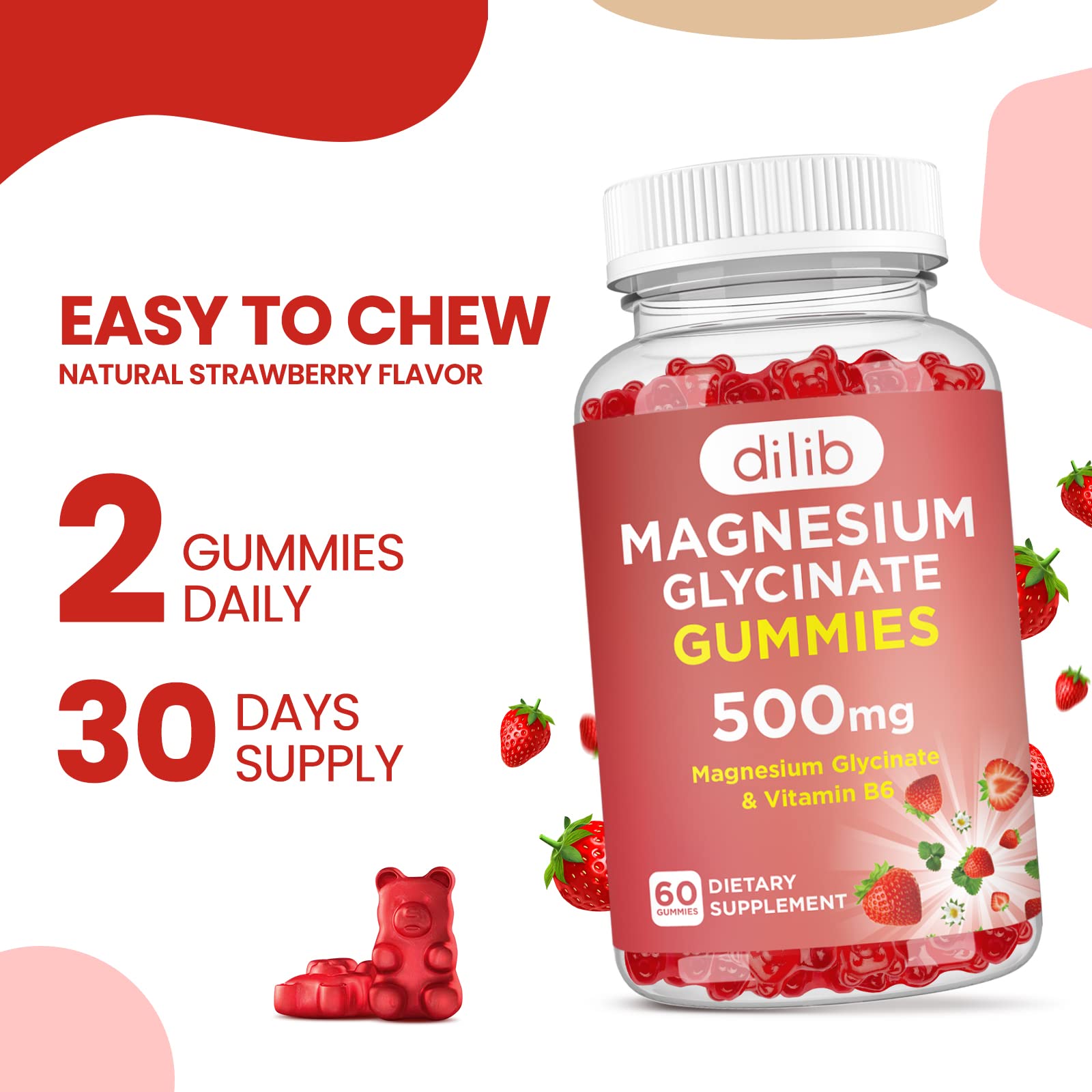Dilib Magnesium Glycinate Gummies with strawberry flavor on bright background.