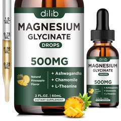 Dilib magnesium glycinate liquid bottle with dropper for easy calming daily use.
