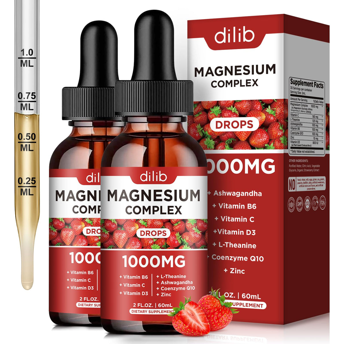 dilib triple magnesium bottle pour showing dosage and calm wellness support