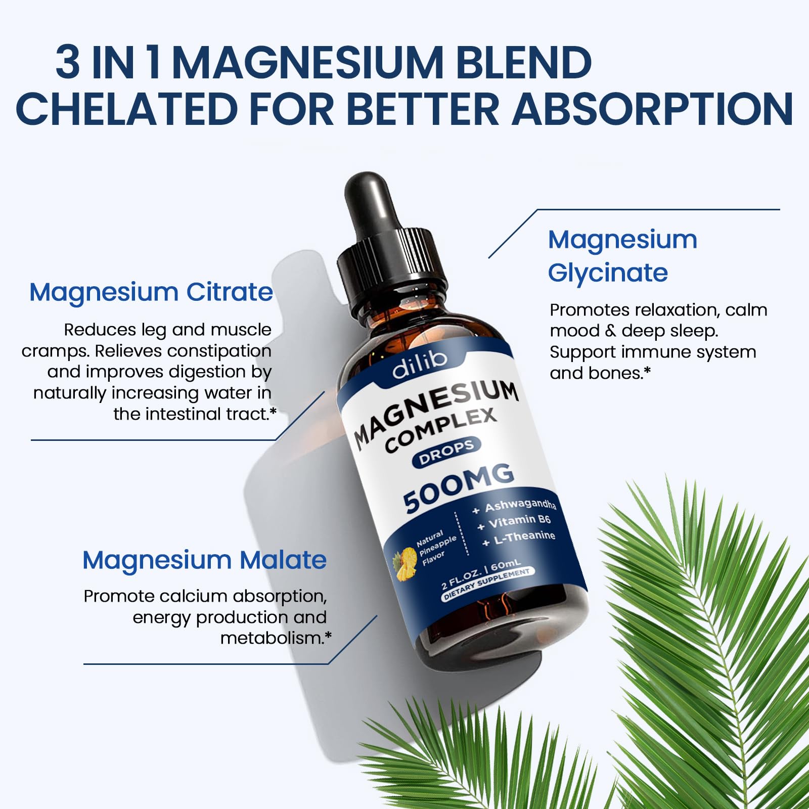 Dilib triple magnesium complex liquid drops highlight citrate and malate forms.
