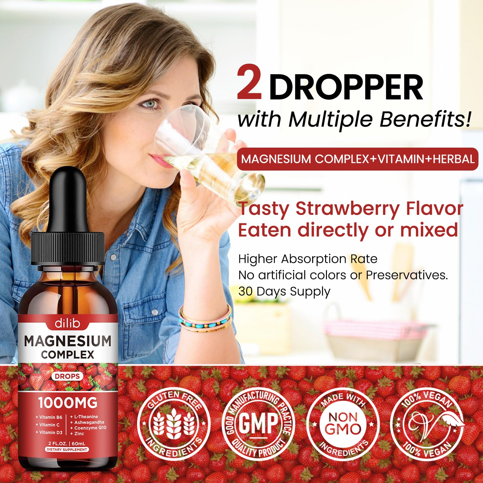 dilib triple magnesium strawberry flavor glass suggesting tasty supplement option