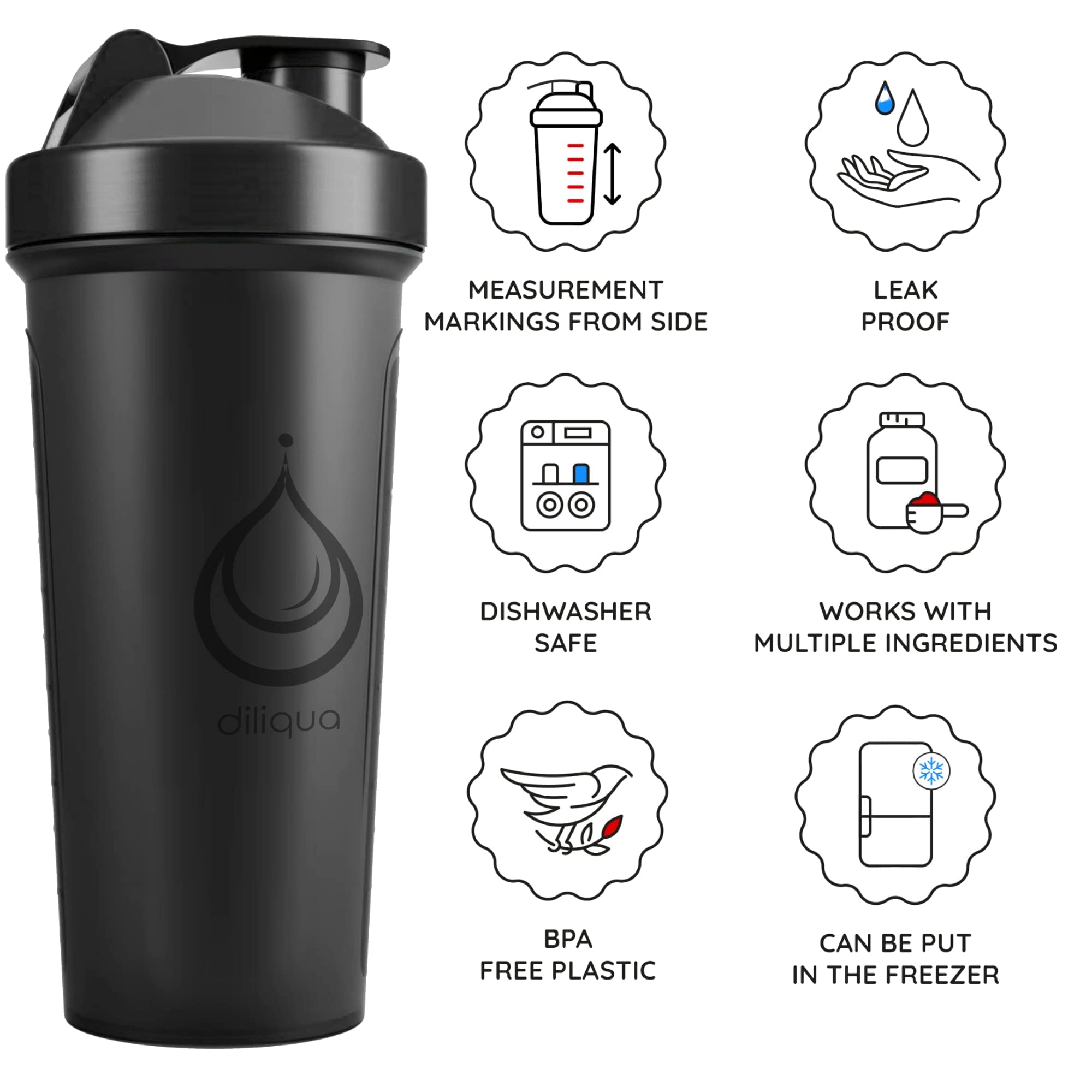 Diliqua 24oz shaker bottle with stainless wire whisk for smoother shakes.