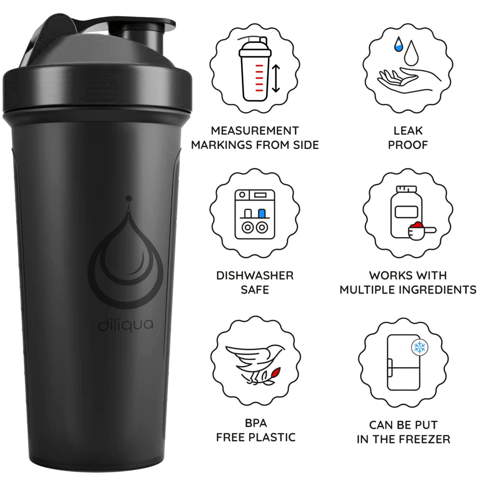 Diliqua 24oz shaker bottle with stainless wire whisk for smoother shakes.