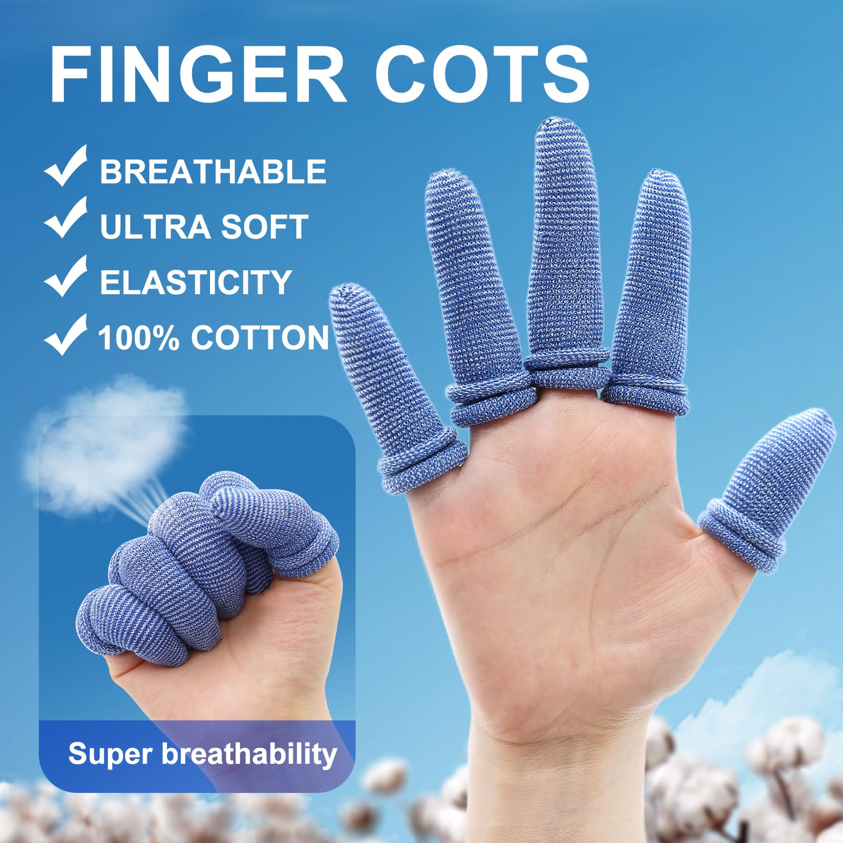 Dimora finger cots closeup cotton blue highlighting breathable fabric that reduces irritation