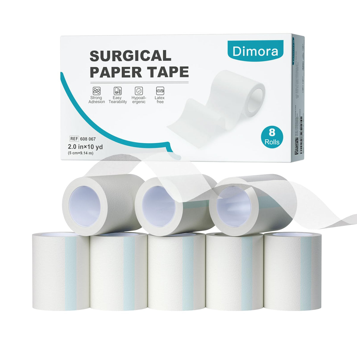 Dimora Soft Paper Tape rolls in an 8-pack for quick dressing securing.