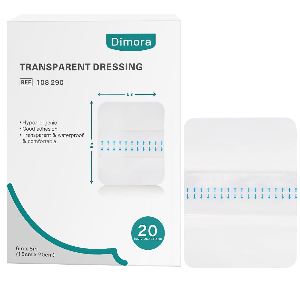Dimora transparent film dressing applied on skin showing large 6x8 inch coverage for wound protection.