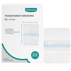 Dimora transparent film dressing applied on skin showing large 6x8 inch coverage for wound protection.