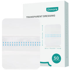 Dimora packaging of the waterproof film dressing shows a large clear wound barrier
