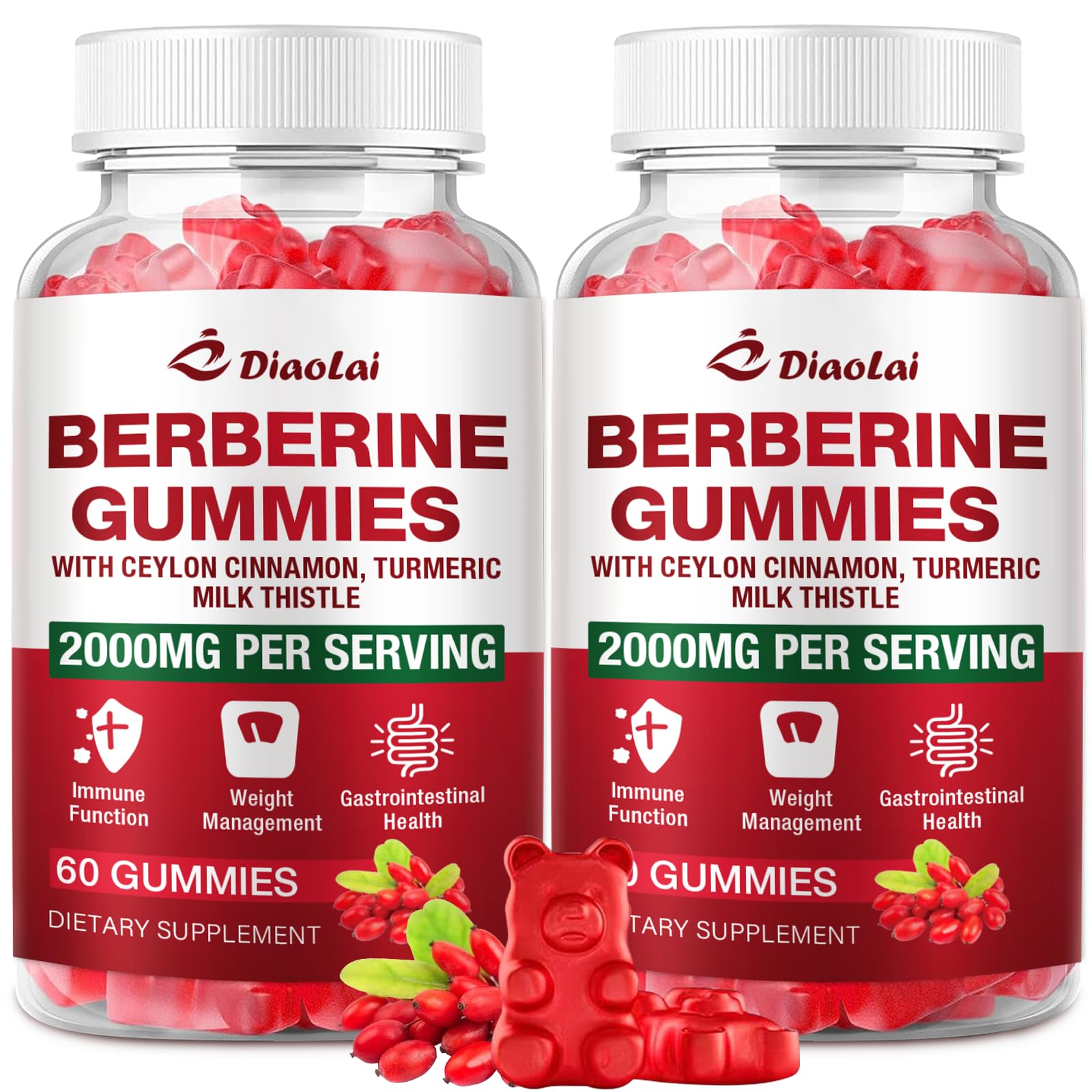 DIAOLAI Berberine Gummies Raspberry bottle highlights vegan, gluten-free formula for daily wellness.