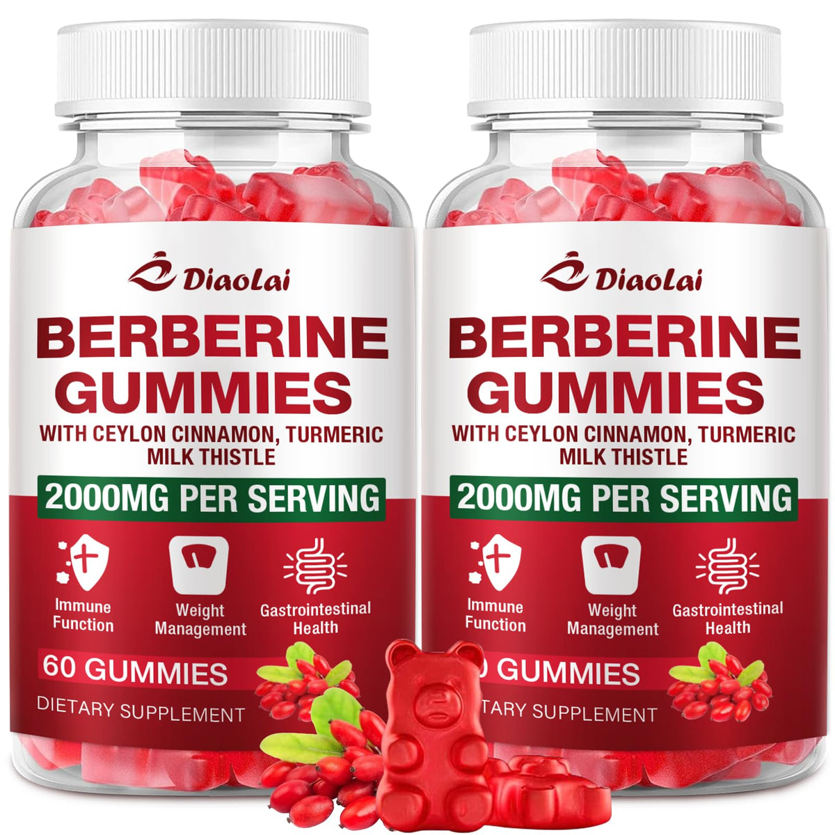 DIAOLAI Berberine Gummies Raspberry bottle highlights vegan, gluten-free formula for daily wellness.