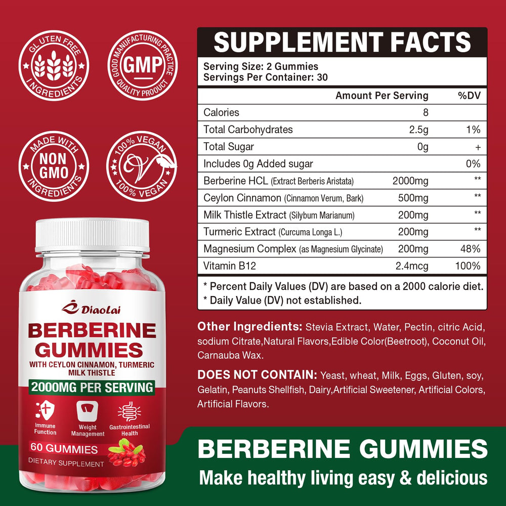 DIAOLAI Berberine Gummies Raspberry bottle shows convenient daily dosage in a tasty chew.