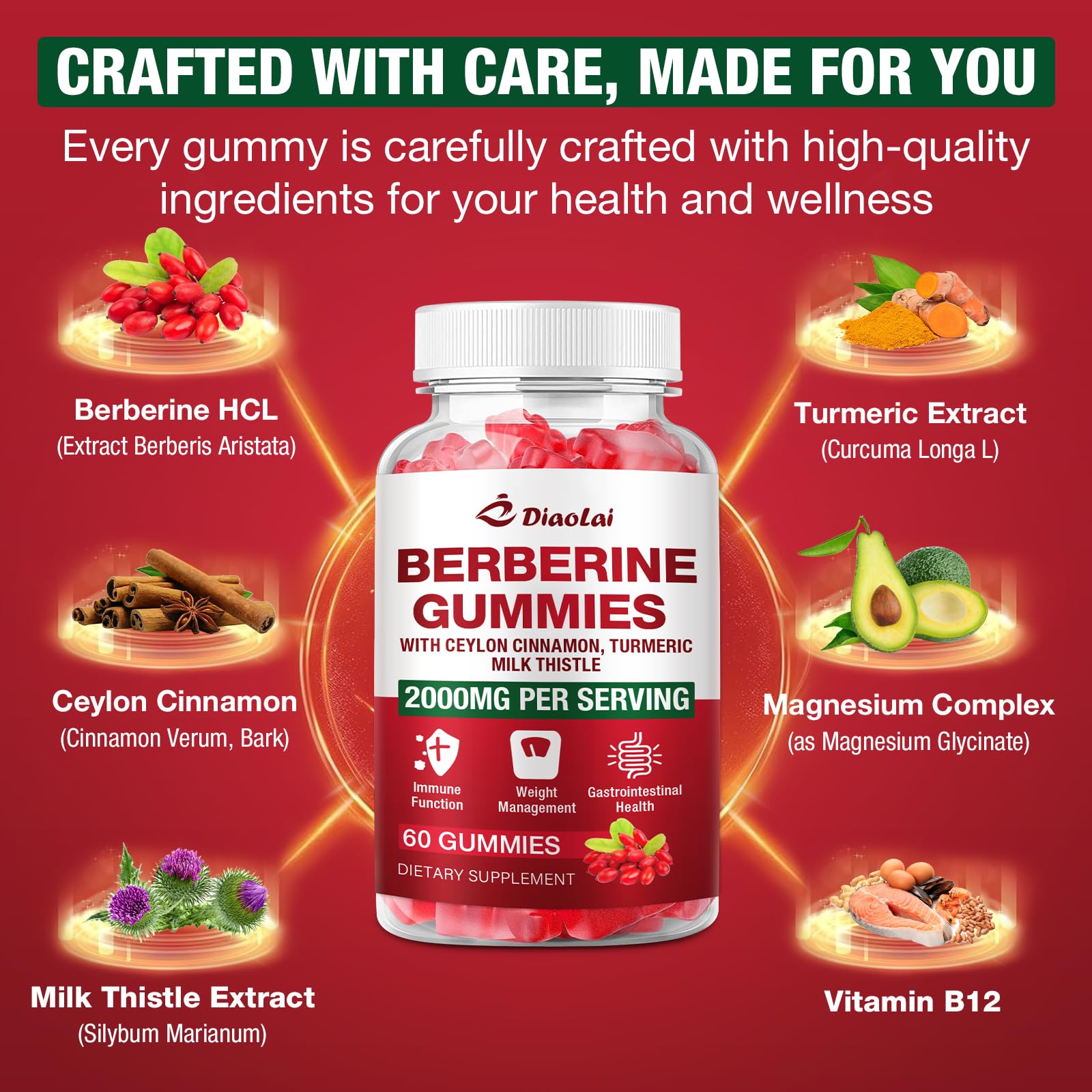 DIAOLAI Berberine Gummies packaging communicates third-party quality certification.