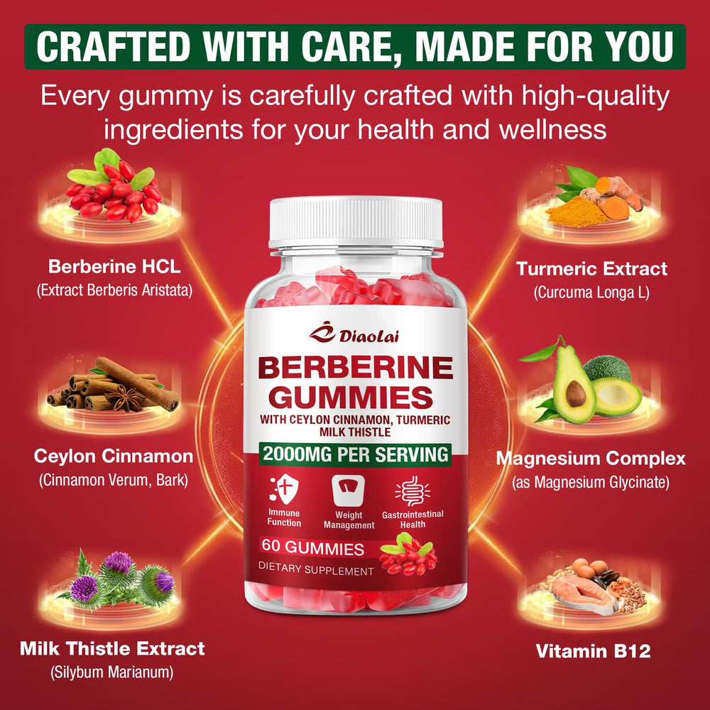 DIAOLAI Berberine Gummies packaging communicates third-party quality certification.