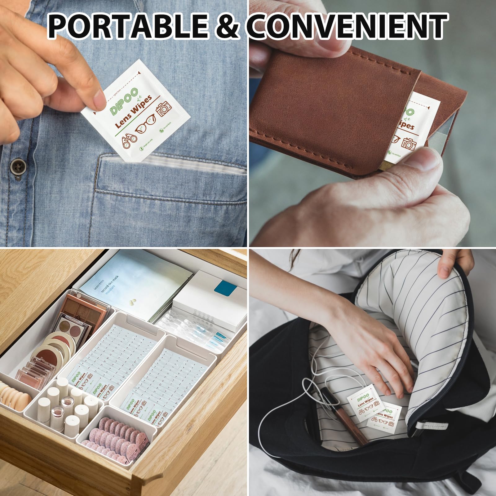 Dipoo, toallitas portátiles para lentes, ideal para viaje y uso diario.