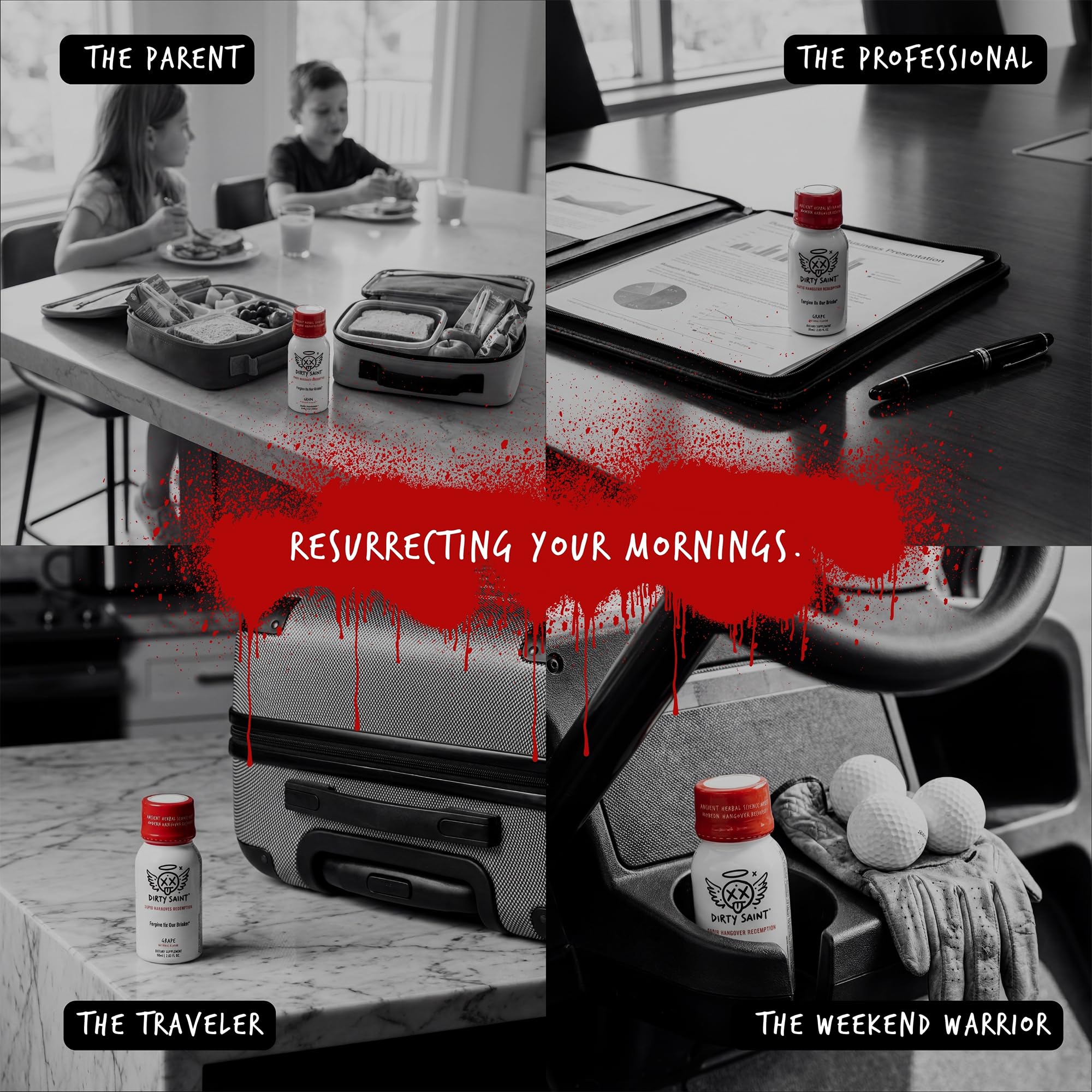 DIRTY SAINT Hangover Shot vegan and non-GMO certification icons on packaging.