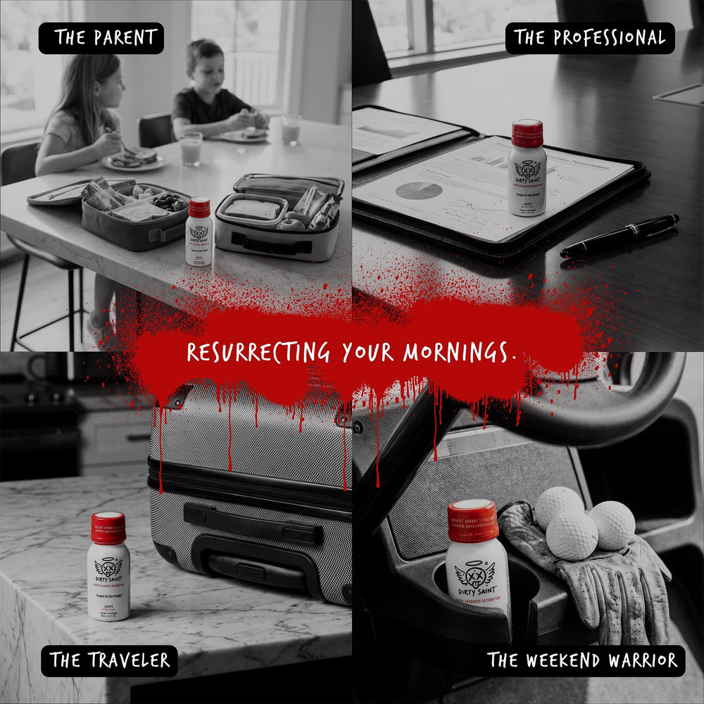 DIRTY SAINT Hangover Shot vegan and non-GMO certification icons on packaging.