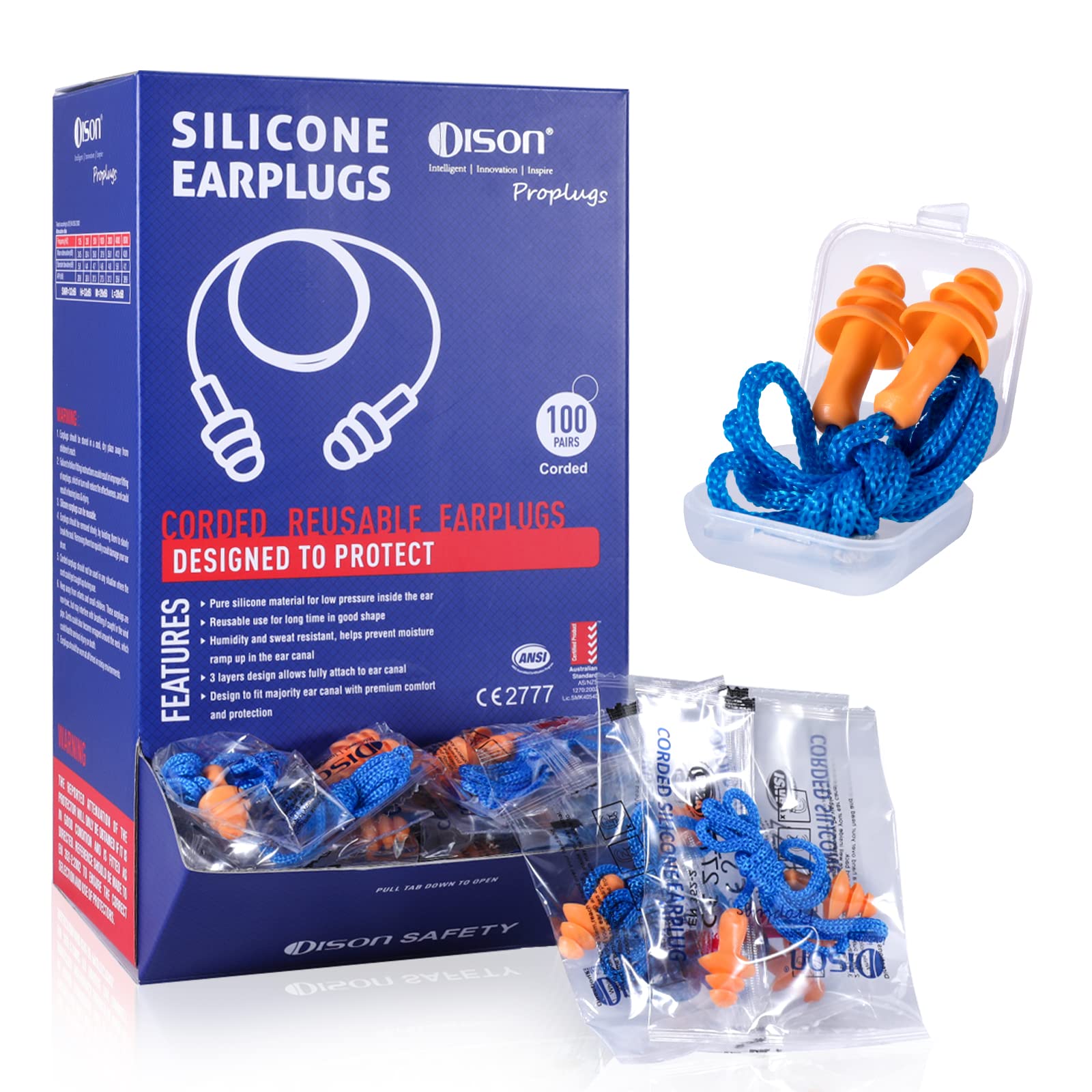 Dison 100Pairs silicone ear plugs, corded for quick access and protection.